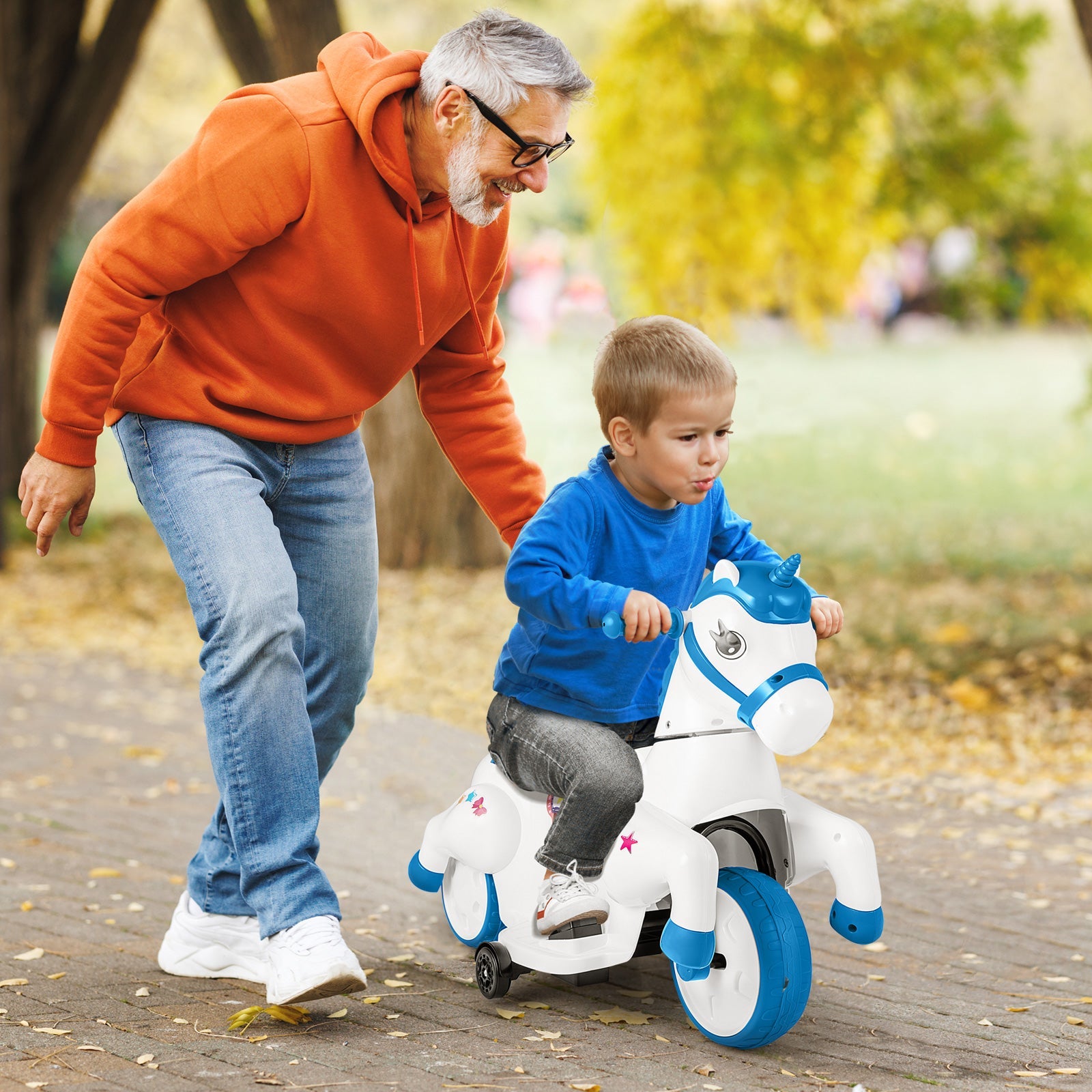 12V Unicorn Ride on Toy with Training Wheels and Horse Riding Mode-Navy