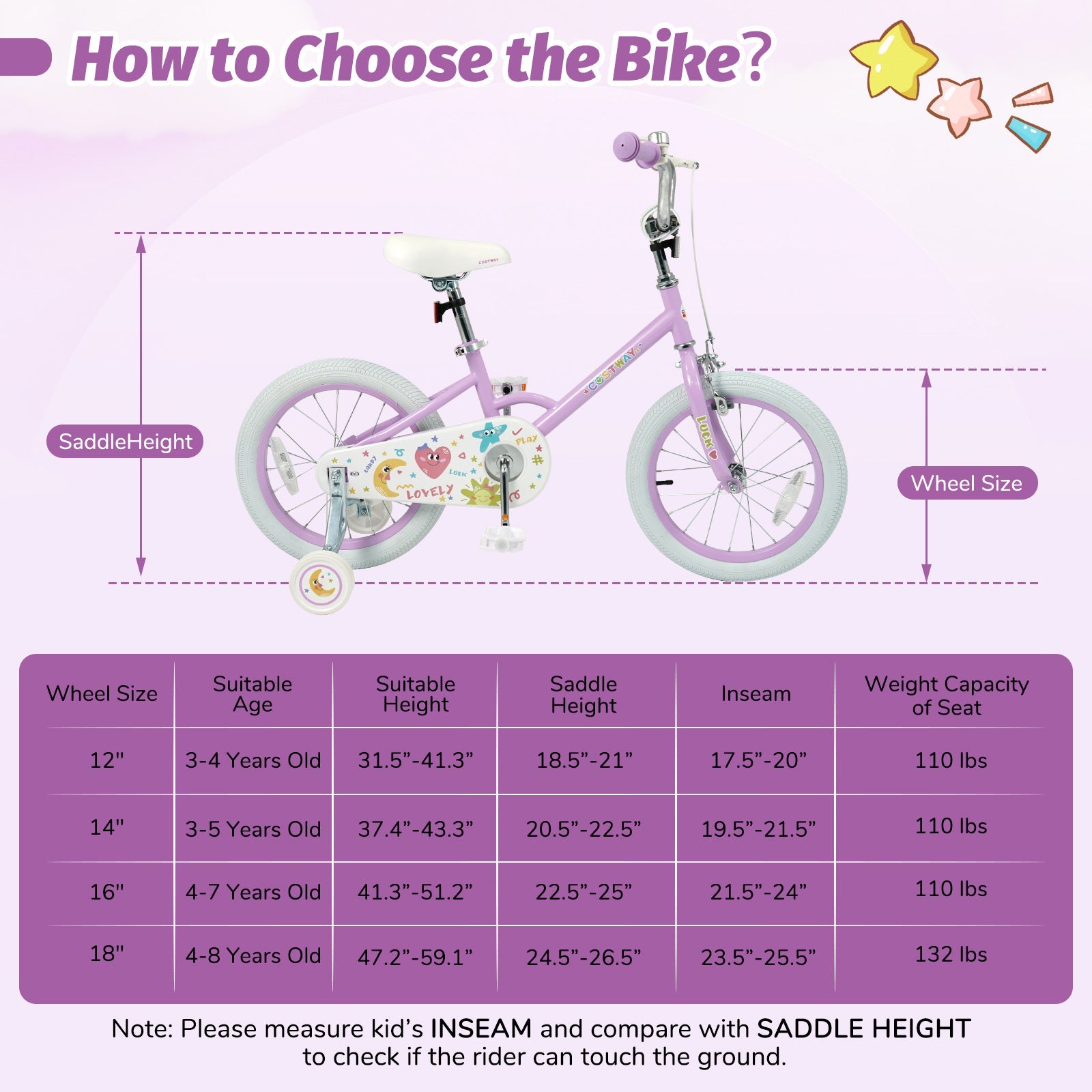 Kids Bike 12-18 Inch with Training Wheels - Purple