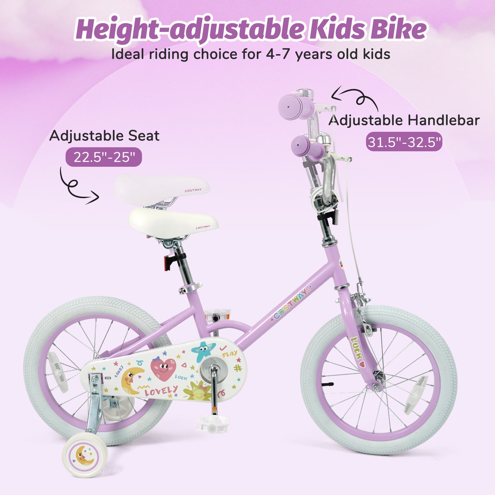 Kids Bike 12-18 Inch with Training Wheels - Purple