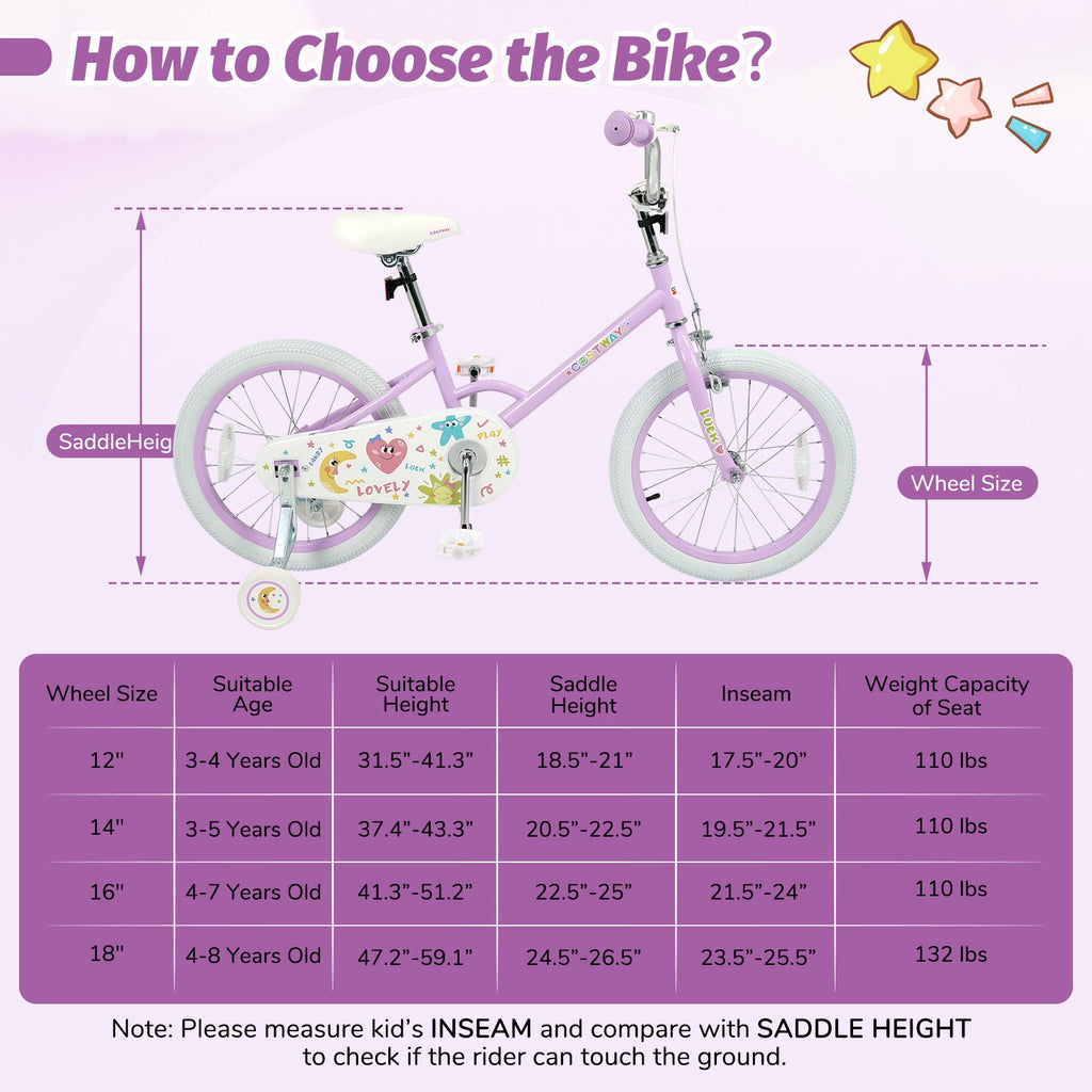 Kids Bike 12-18 Inch with Training Wheels - Purple