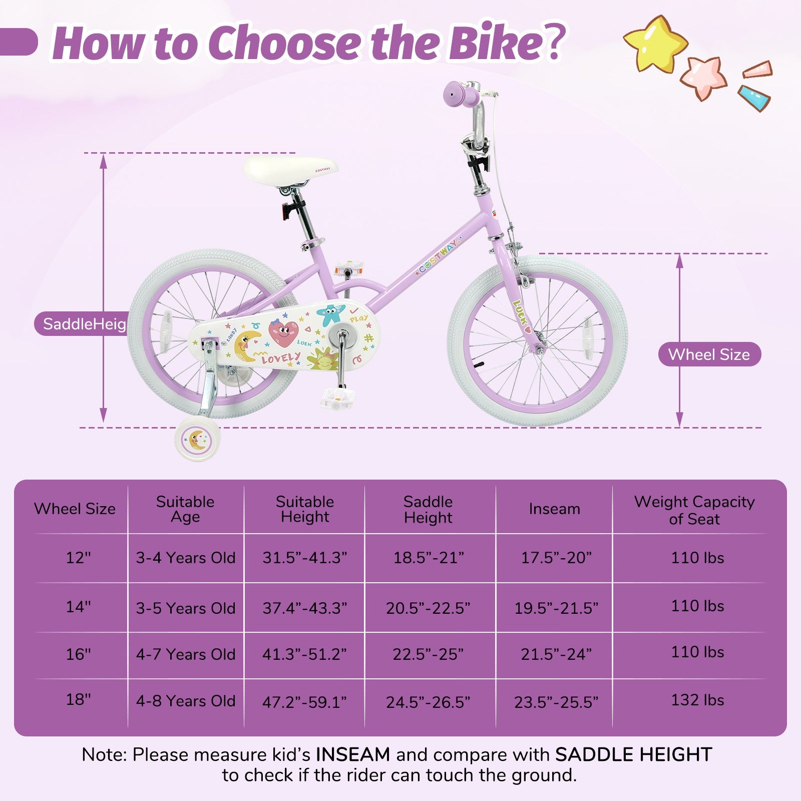 Kids Bike 12-18 Inch with Training Wheels - Purple