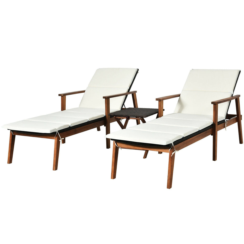 3 Pieces Portable Patio Cushioned Rattan Lounge Chair Set with Folding Table