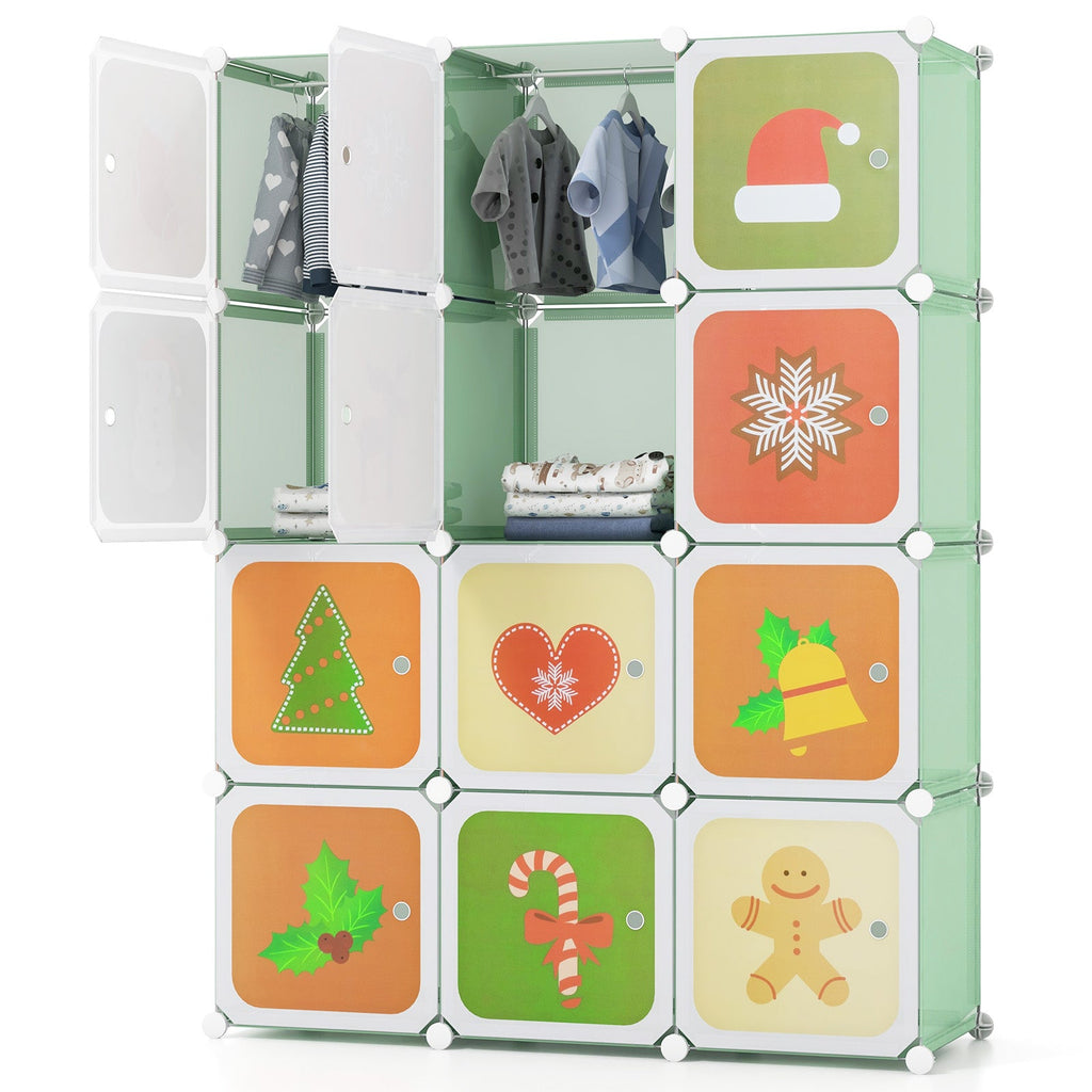 12 Cube Kids Wardrobe Closet with Hanging Section and Doors-Green