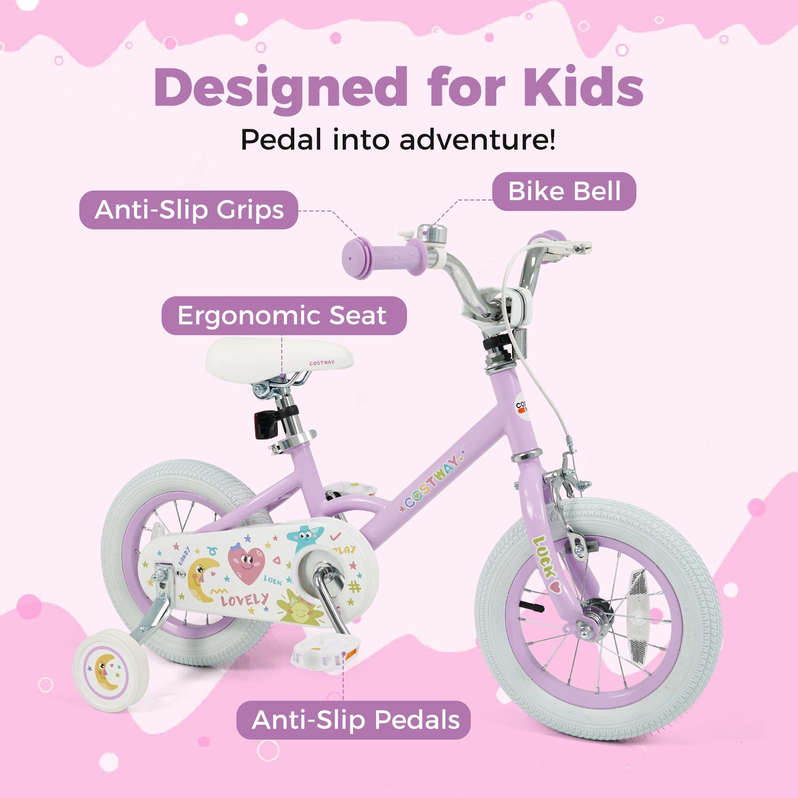 Kids Bike 12-18 Inch with Training Wheels - Purple