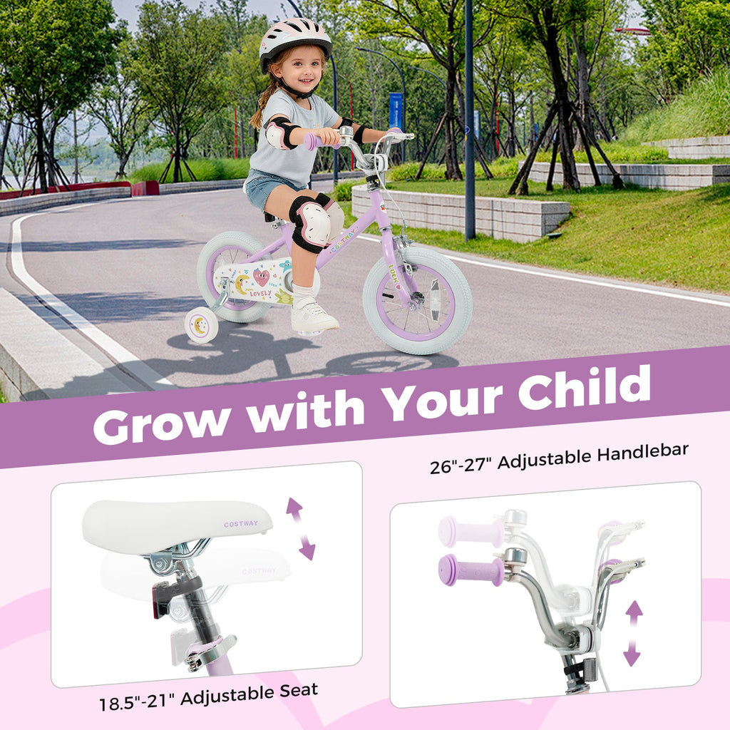 Kids Bike 12-18 Inch with Training Wheels - Purple