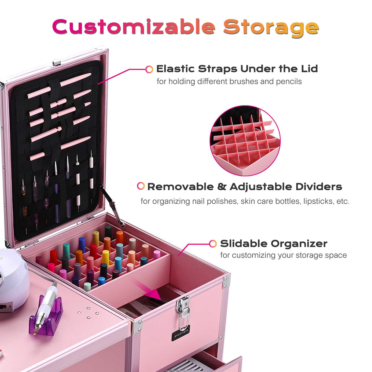 Byootique Makeup Artist Nail Tech Travel Case Workstation (Lefty & Righty) Pink
