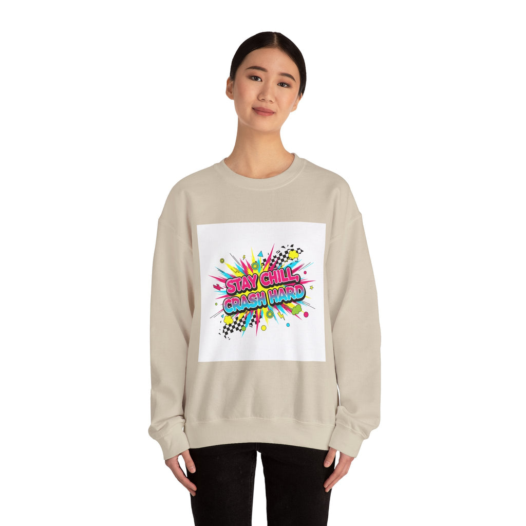 Stay Chill Crash Out Crewneck Sweatshirt | neon graffiti meltdown design