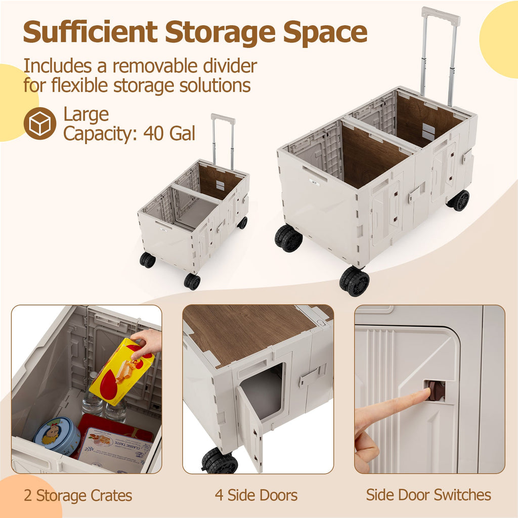Large Foldable Utility Cart with 2-Tier Storage Crates and Telescoping Handle