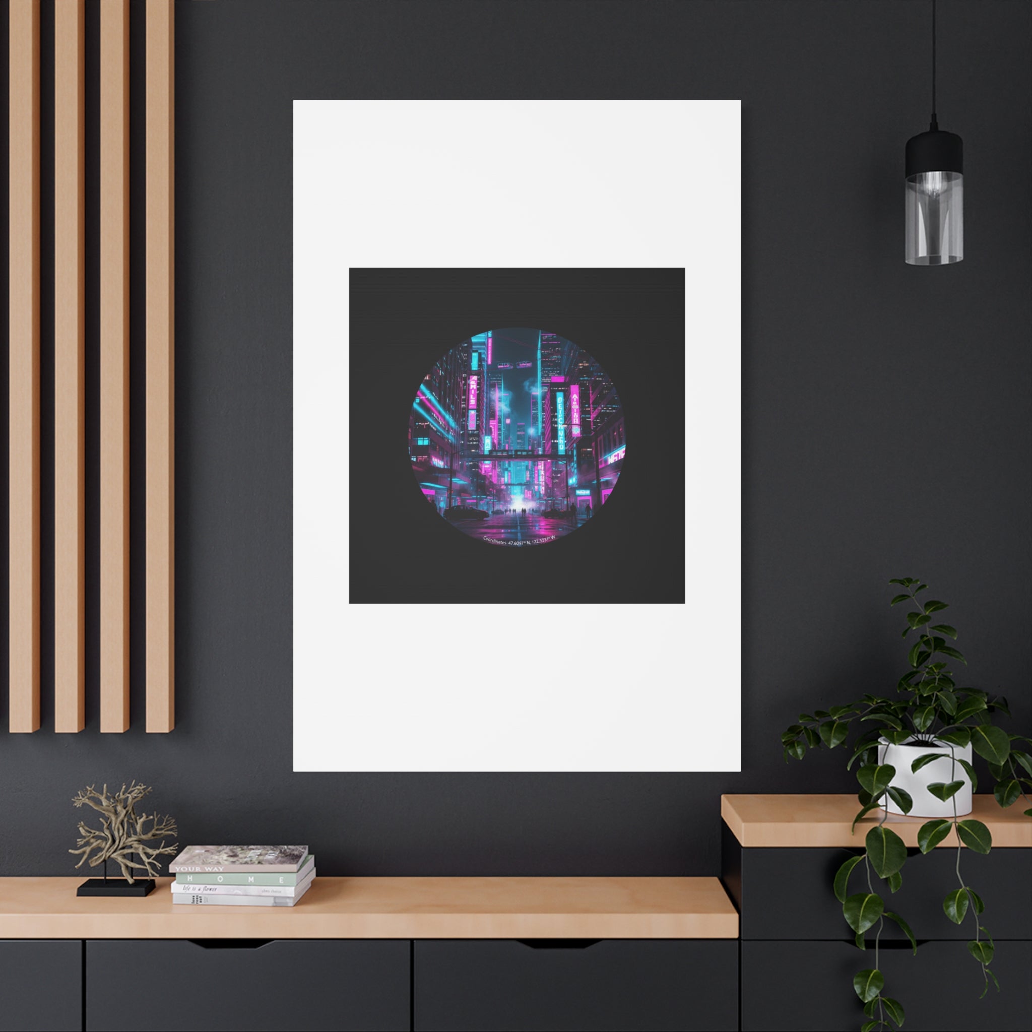 Neon Cyberpunk Cityscape Canvas | synthwave skyline, future city art
