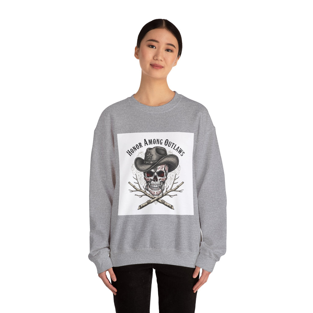Honor Among Outlaws Crewneck, western skull art | gothic Americana, desert noir design