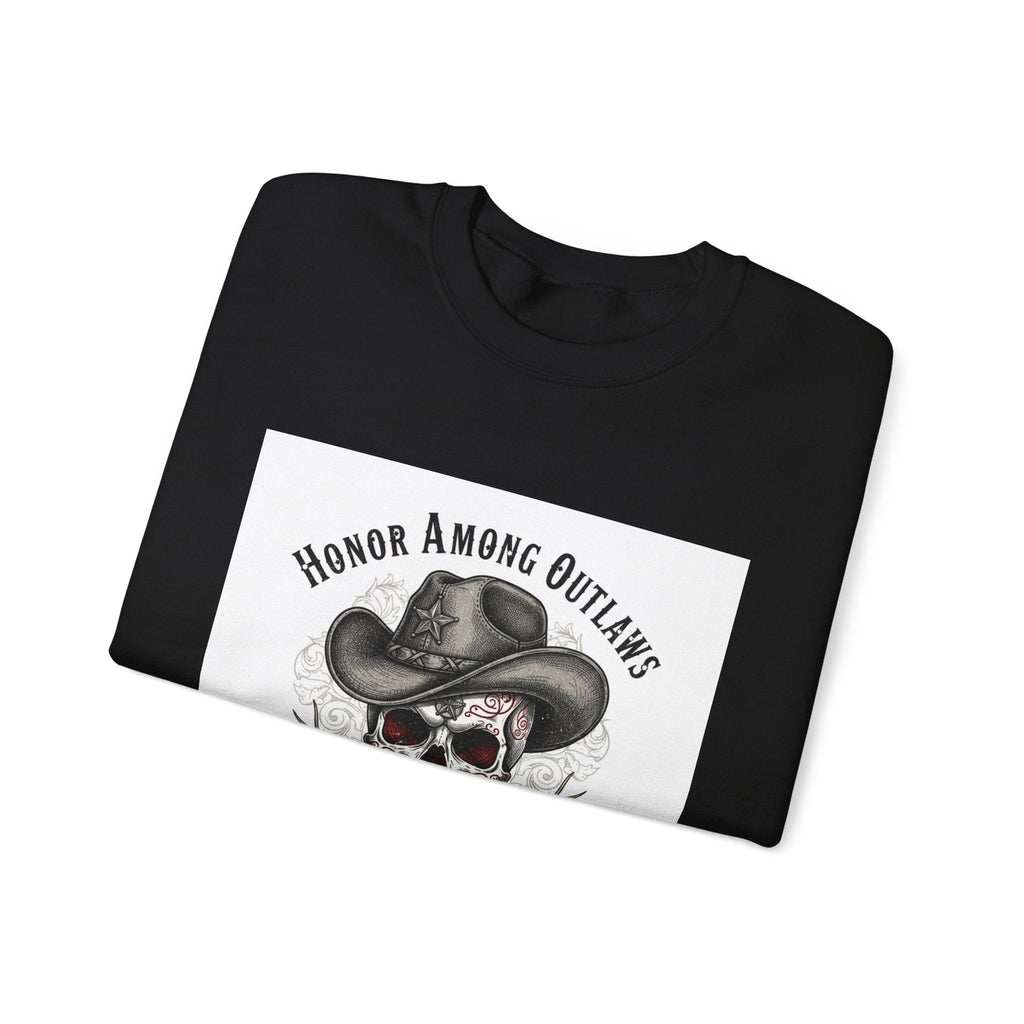 Honor Among Outlaws Crewneck, western skull art | gothic Americana, desert noir design