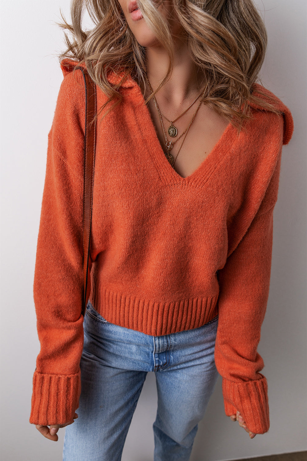 Racing Red Ribbed Edge Collared V Neck Loose Fit Sweater