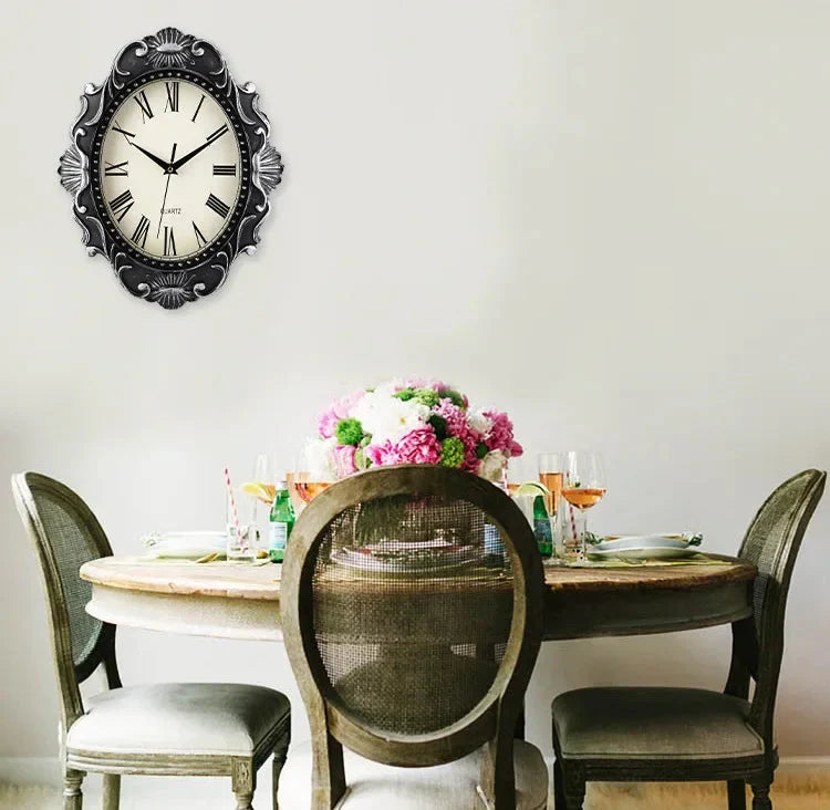 14" Vintage European Court elegance classical Style Wall Clock with Electroplated Black Gold/Silver & Roman Numerals for bedroom - PhishStones Products