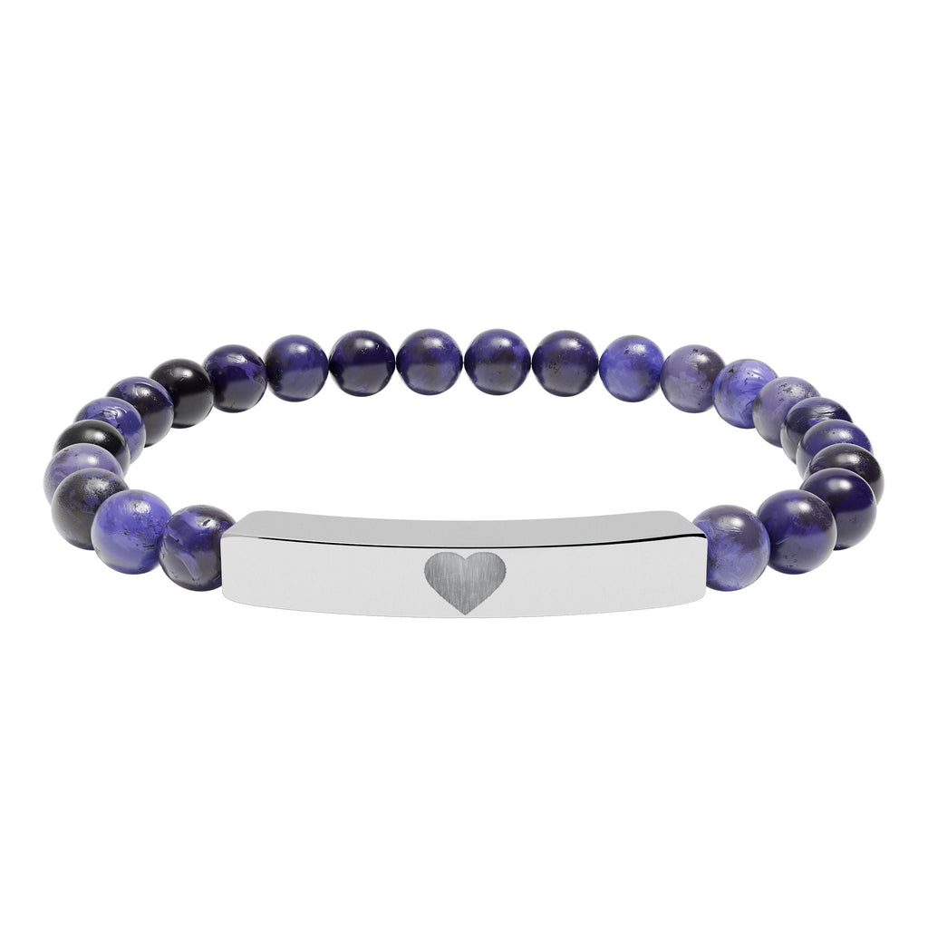 Engraved Natural Stone Stretch Bar Bracelet — Personalized Heart Bar Beaded Bracelet