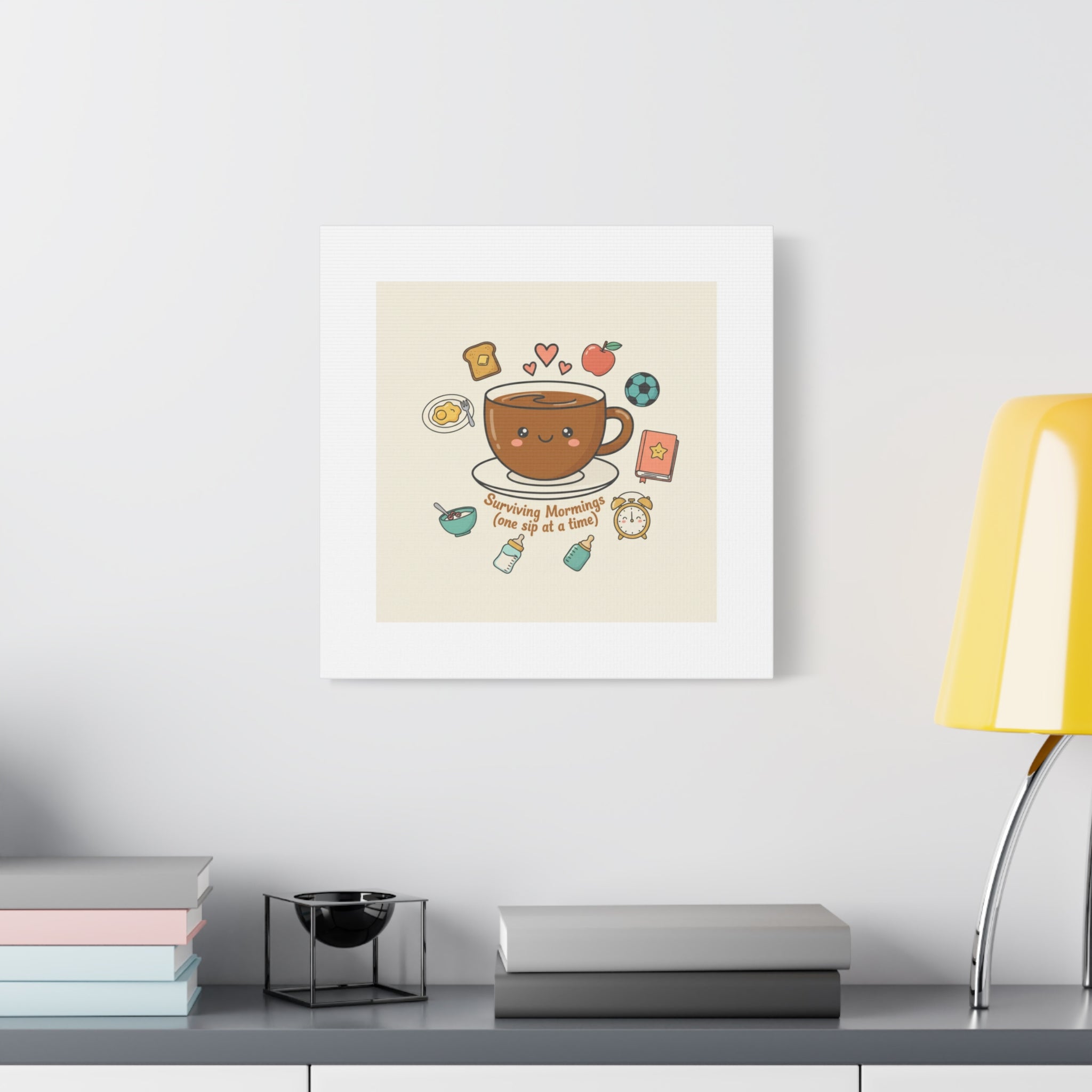 Surviving Mornings (One Sip at a Time) Canvas | Parenting Morning Humor, Coffee & Kids