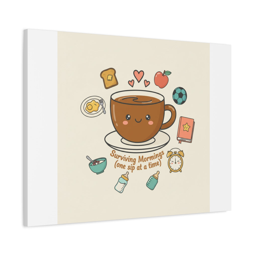 Surviving Mornings (One Sip at a Time) Canvas | Parenting Morning Humor, Coffee & Kids