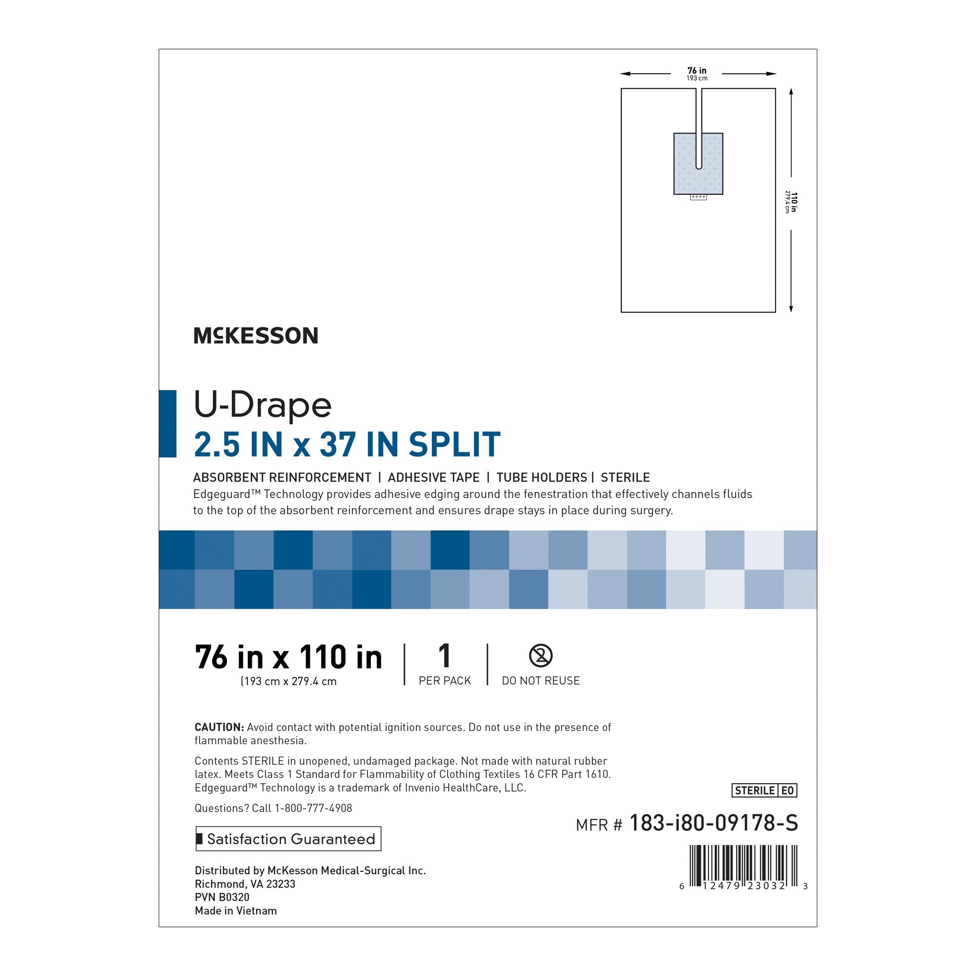 McKesson Sterile U-Drape with Split, 76 x 110 Inch 183-I80-09178-S