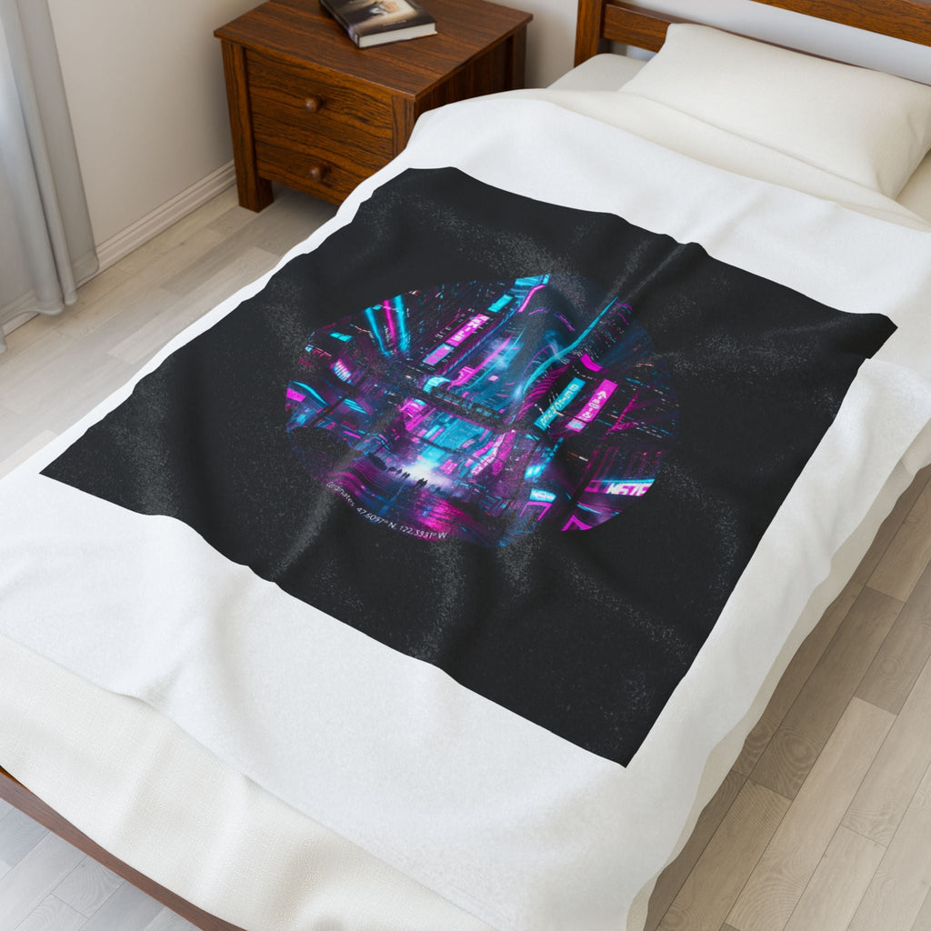 Neon Cyberpunk Cityscape Velveteen Plush Blanket | synthwave skyline