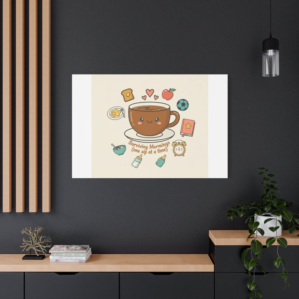 Surviving Mornings (One Sip at a Time) Canvas | Parenting Morning Humor, Coffee & Kids