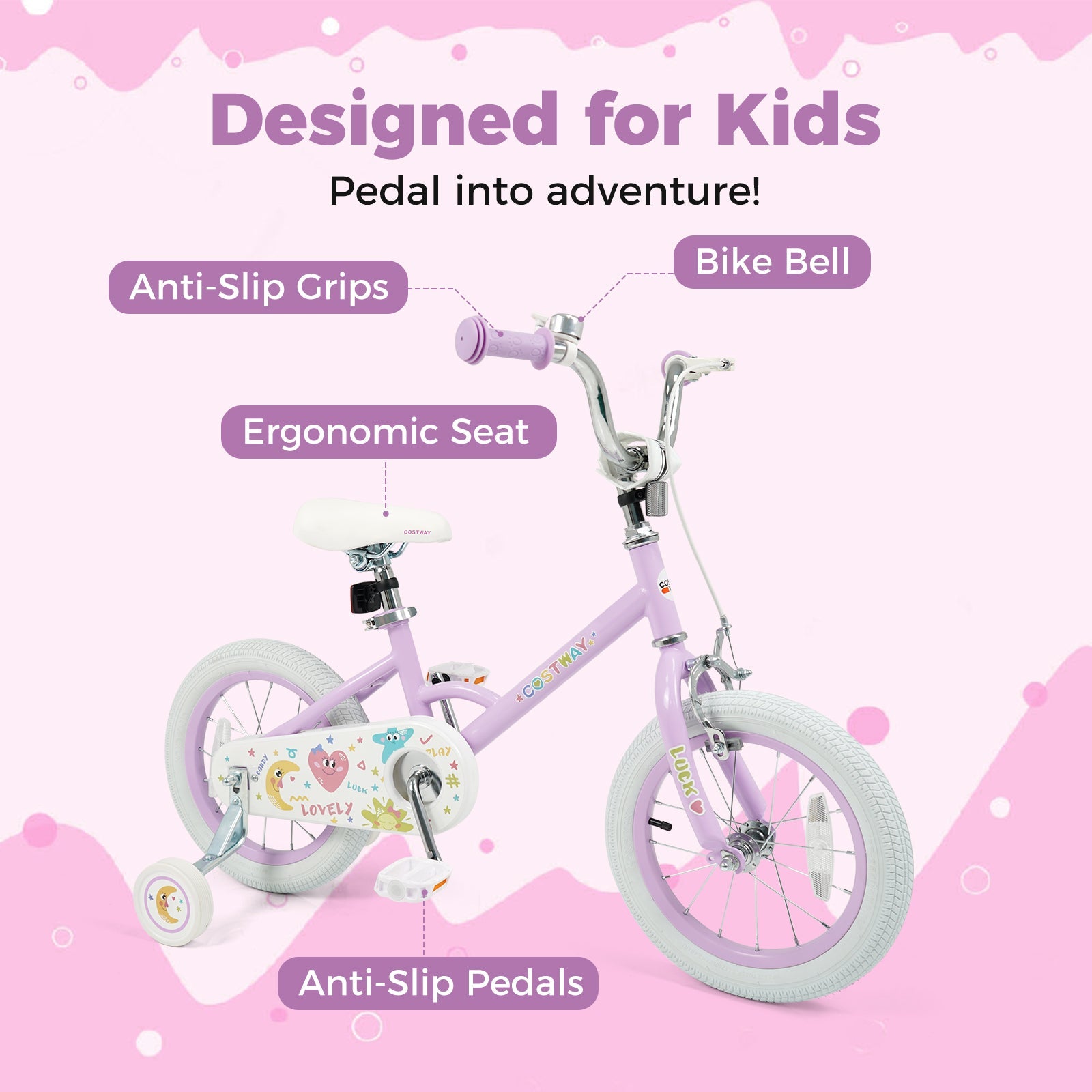Kids Bike 12-18 Inch with Training Wheels - Purple