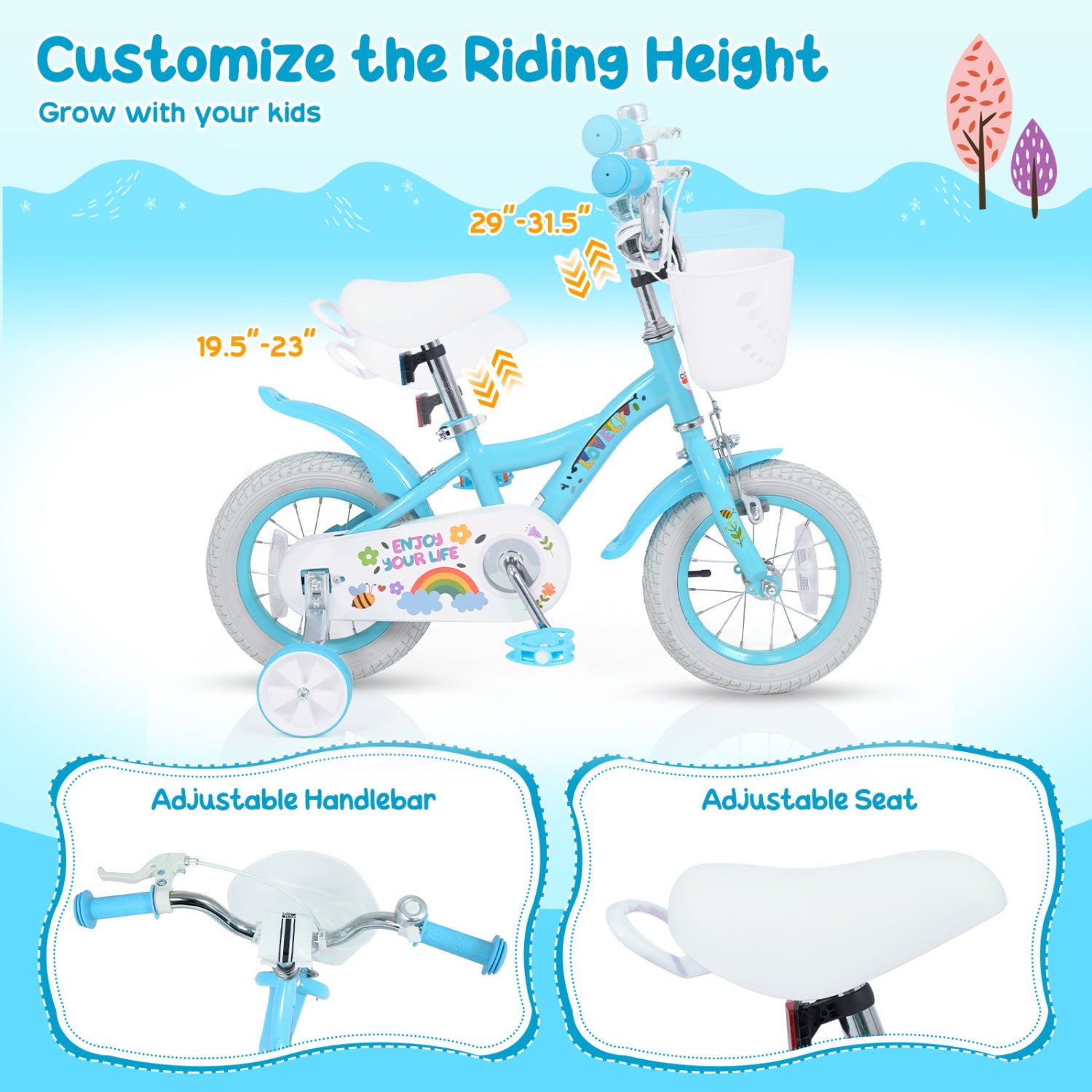Girls Bike 12-18 Inch with Training Wheels and Basket