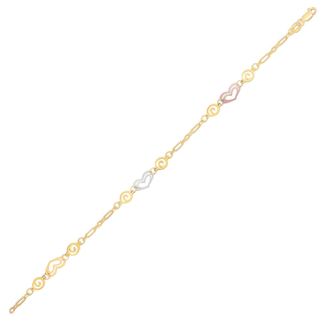14k Tri - Color Gold Anklet with Multi Color Heart Stations - PhishStones Products