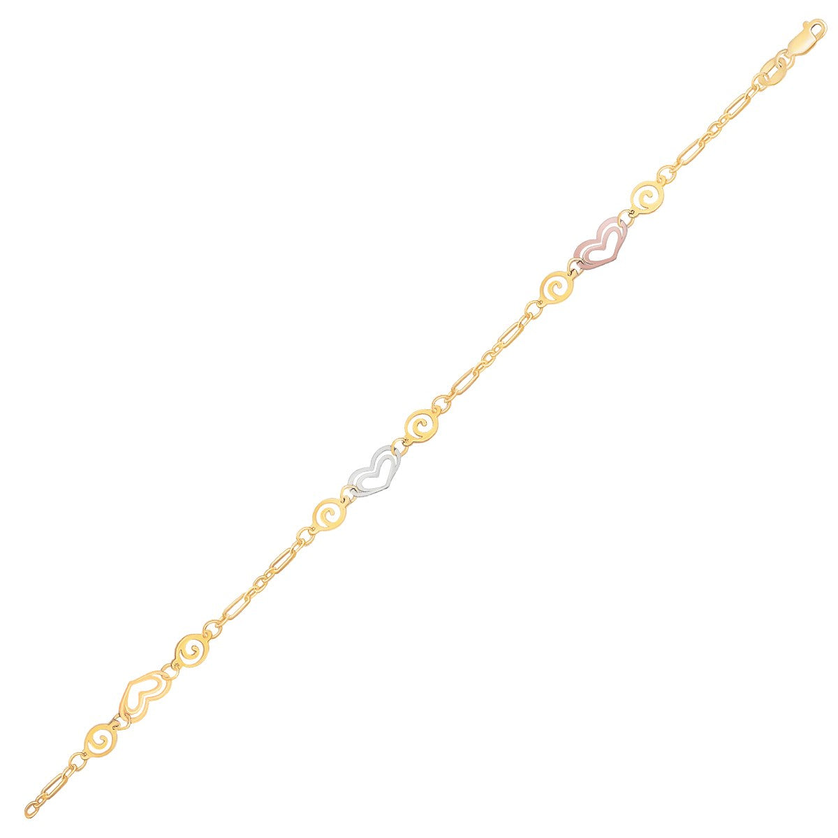 14k Tri - Color Gold Anklet with Multi Color Heart Stations - PhishStones Products