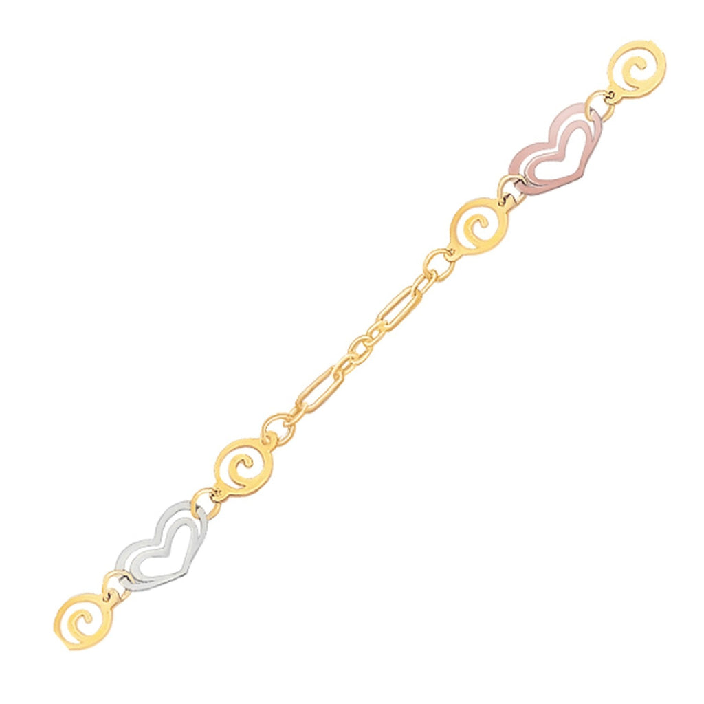 14k Tri - Color Gold Anklet with Multi Color Heart Stations - PhishStones Products