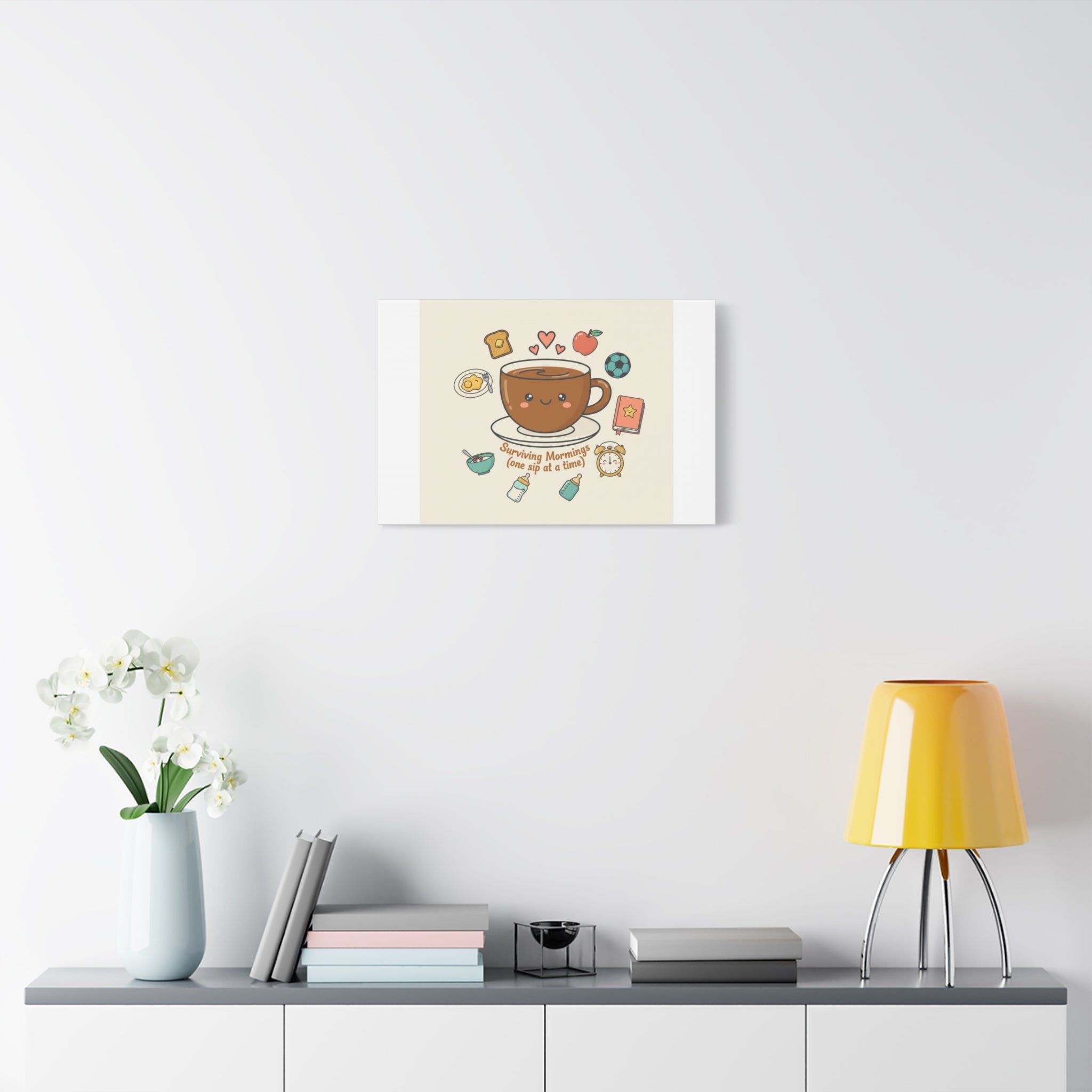 Surviving Mornings (One Sip at a Time) Canvas | Parenting Morning Humor, Coffee & Kids