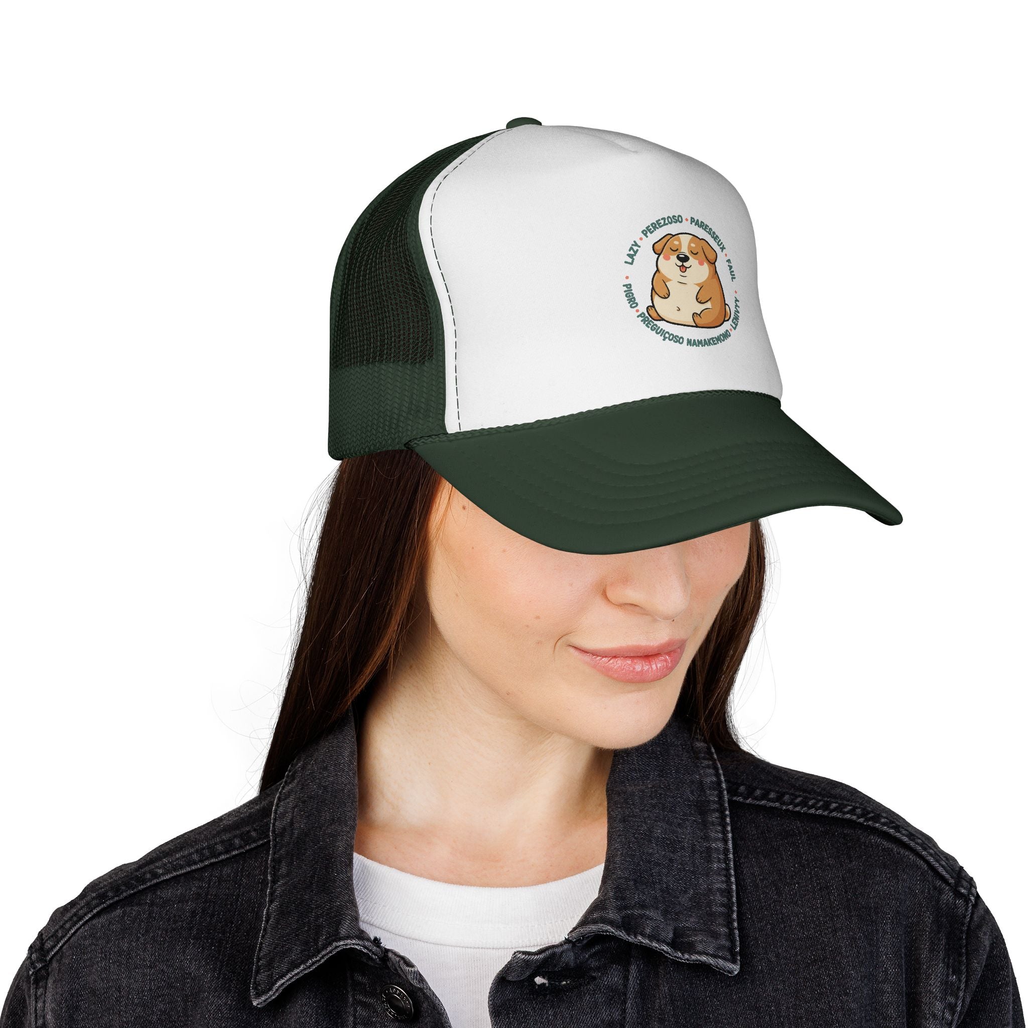 Funny Dog Meme Trucker Cap — "Fat Lazy" Multilingual Design (8 Languages)
