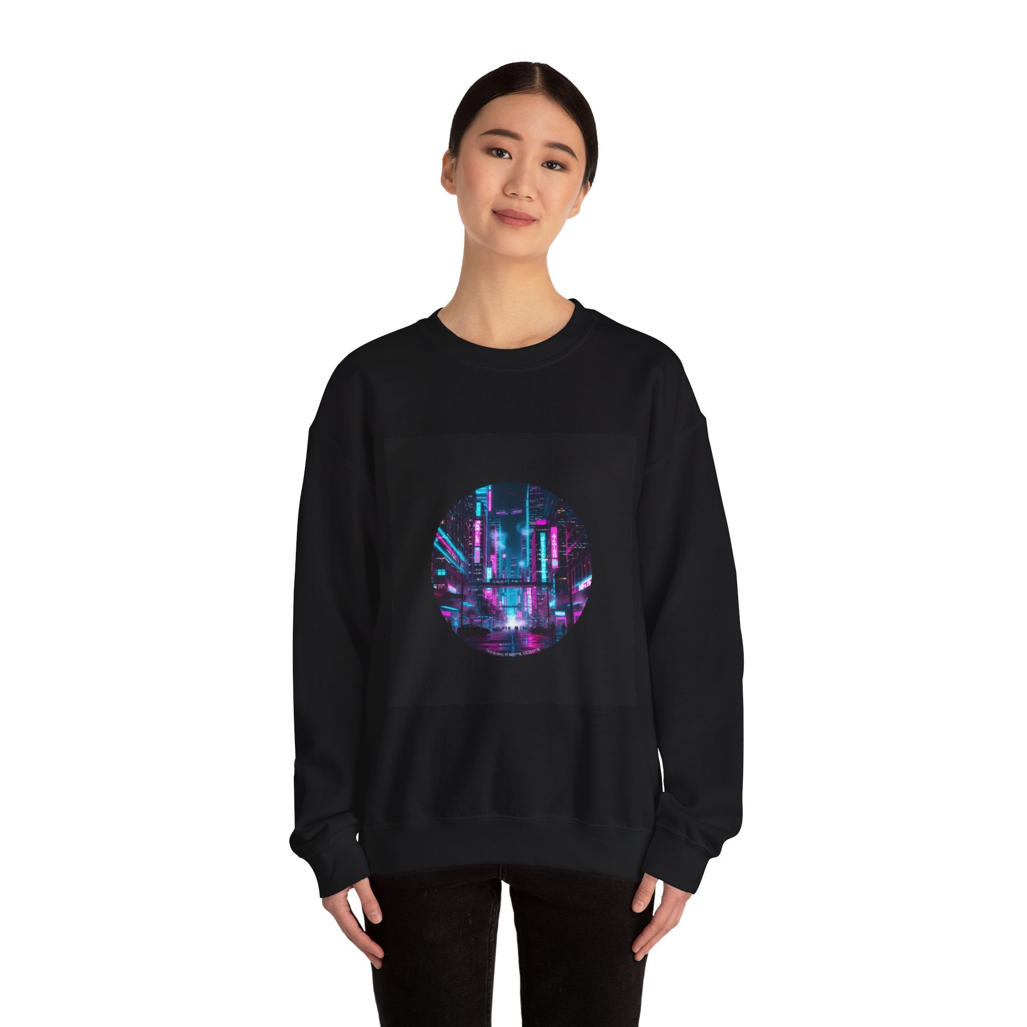 Neon Cyberpunk Skyline Sweatshirt | synthwave cityscape, future city art