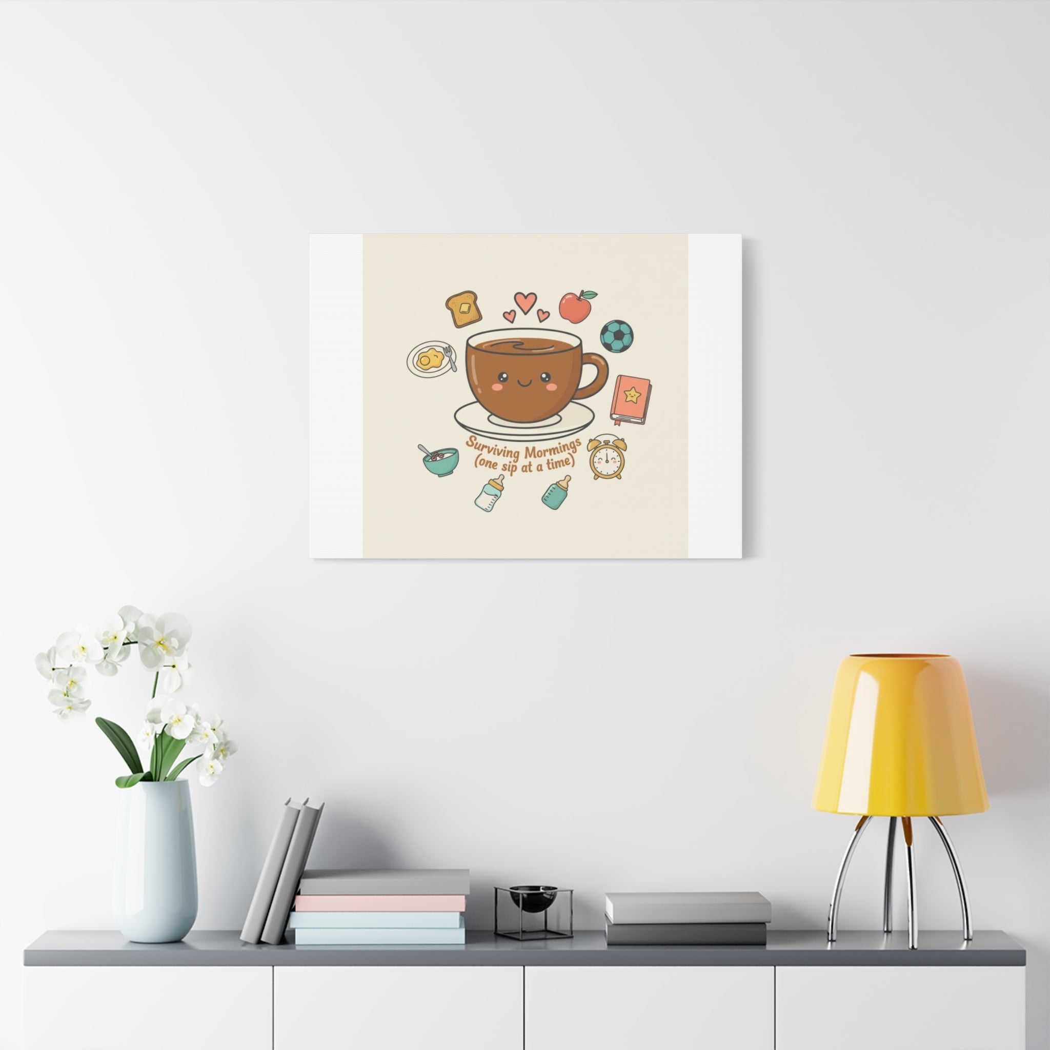 Surviving Mornings (One Sip at a Time) Canvas | Parenting Morning Humor, Coffee & Kids