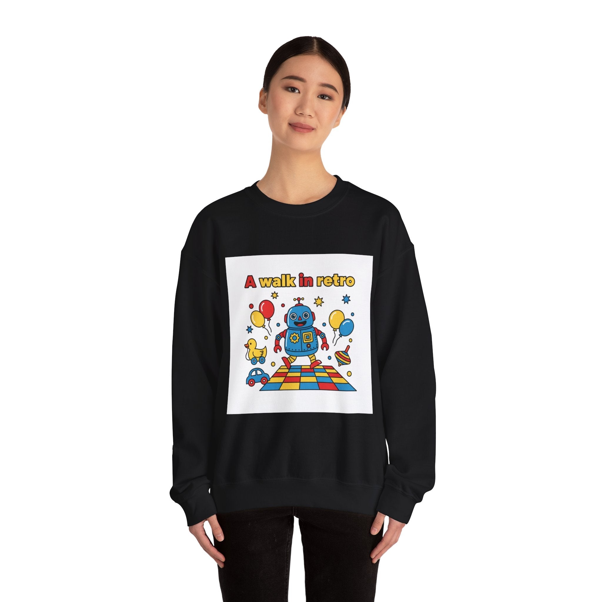 Retro Toy Robot Crewneck Sweatshirt | Throwback Kid, Primary Color Retro