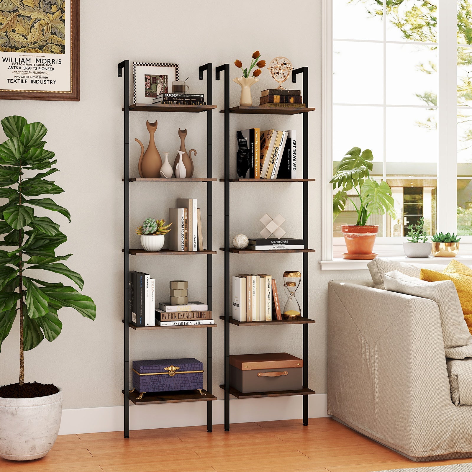 5 Tier Wall Mount Ladder Shelf with Anti-Tipping Kits for Home Office-Rustic Brown