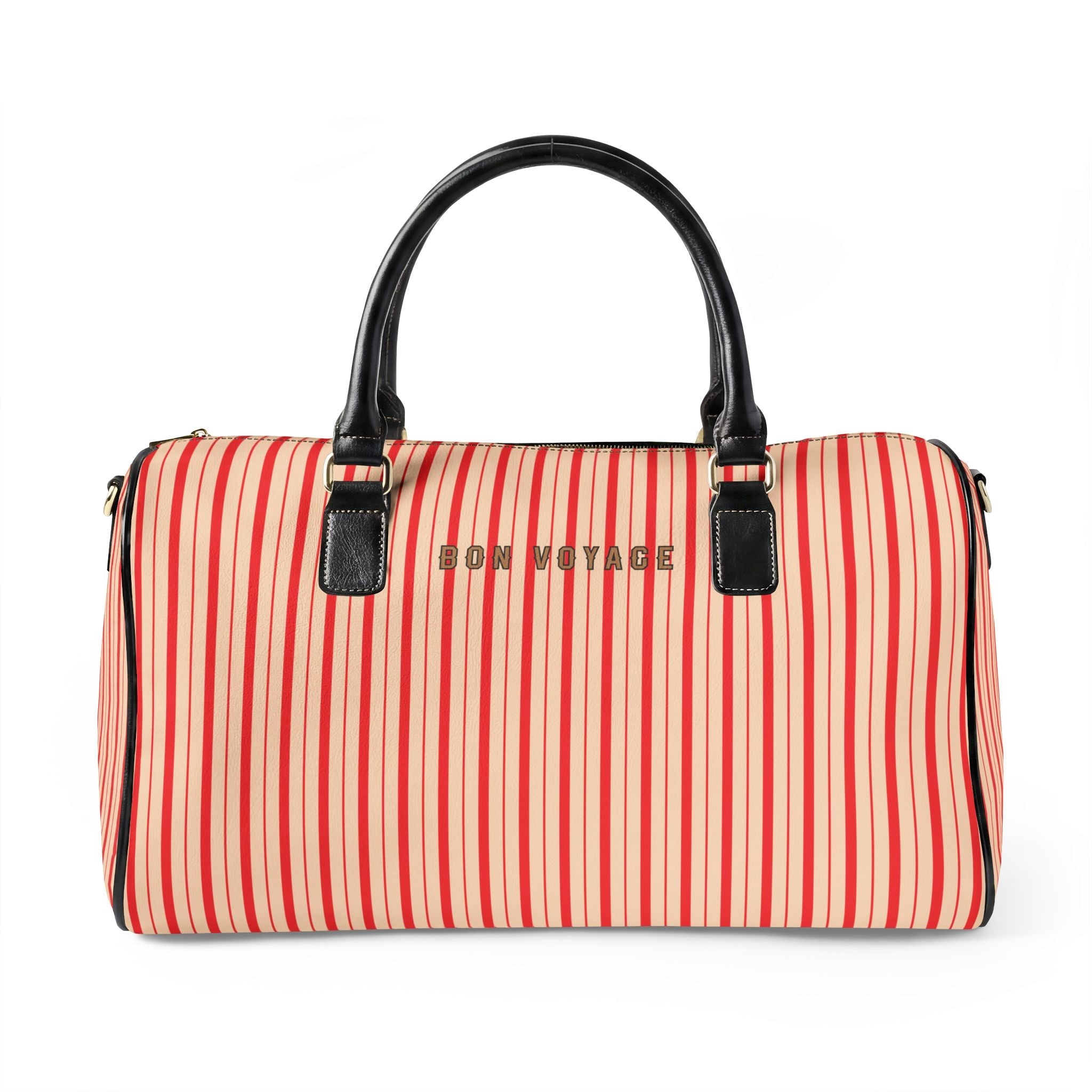 Modern Preppy Leather Travel Bag, BON VOYAGE – RED Striped Weekender Duffle