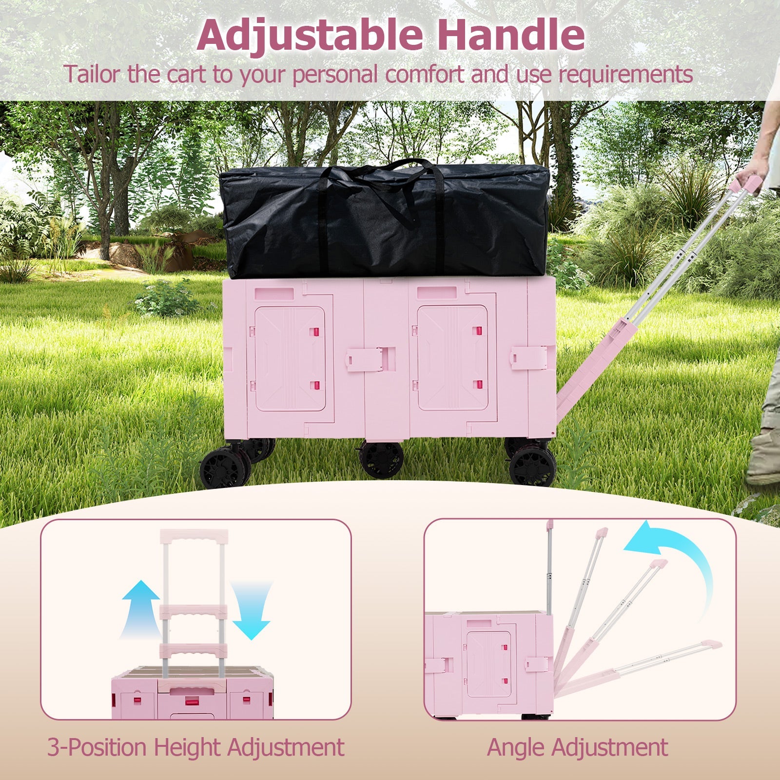Large Foldable Utility Cart with 2-Tier Storage Crates and Telescoping Handle