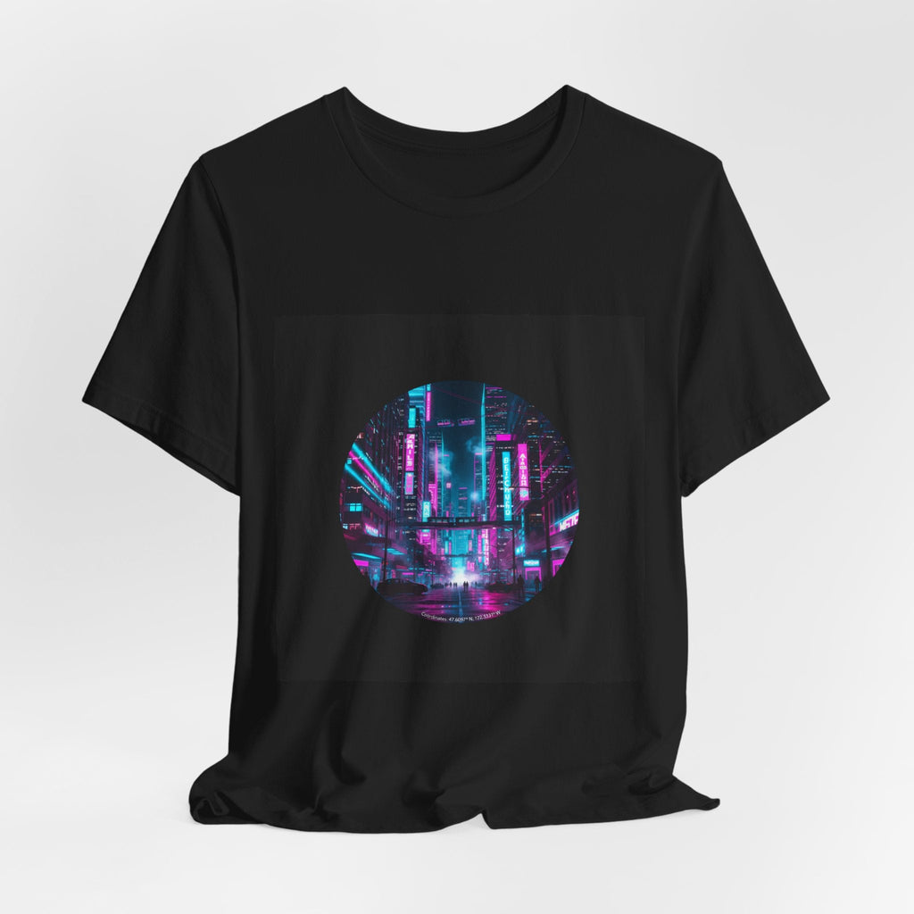 Neon Cyberpunk Skyline Tee | synthwave skyline, future city art
