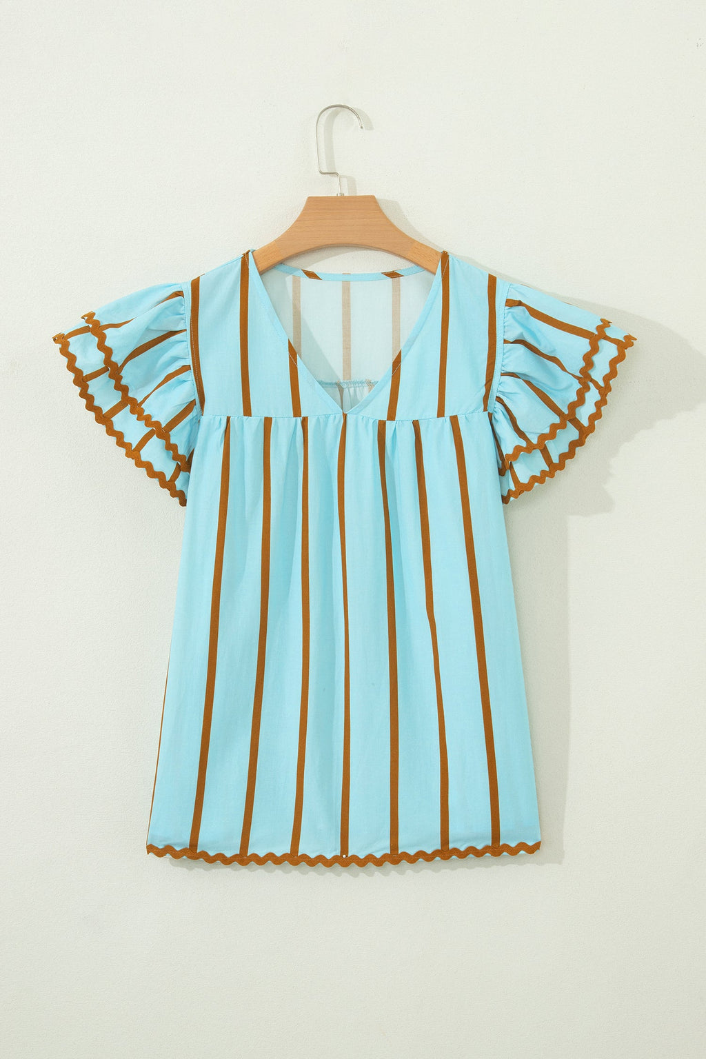 Sky Blue Stripe Ricrac Trim Double Ruffled Short Sleeve V Neck Blouse