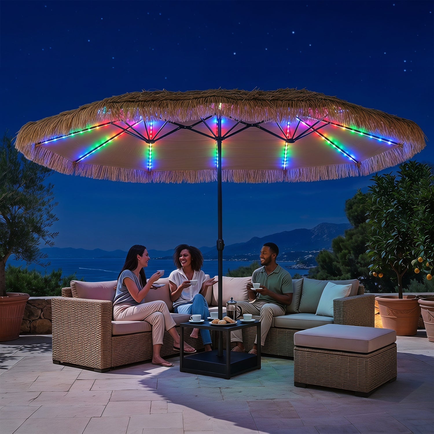 Double-Sided Patio Umbrella 15x9 ft with Solar LED Lights