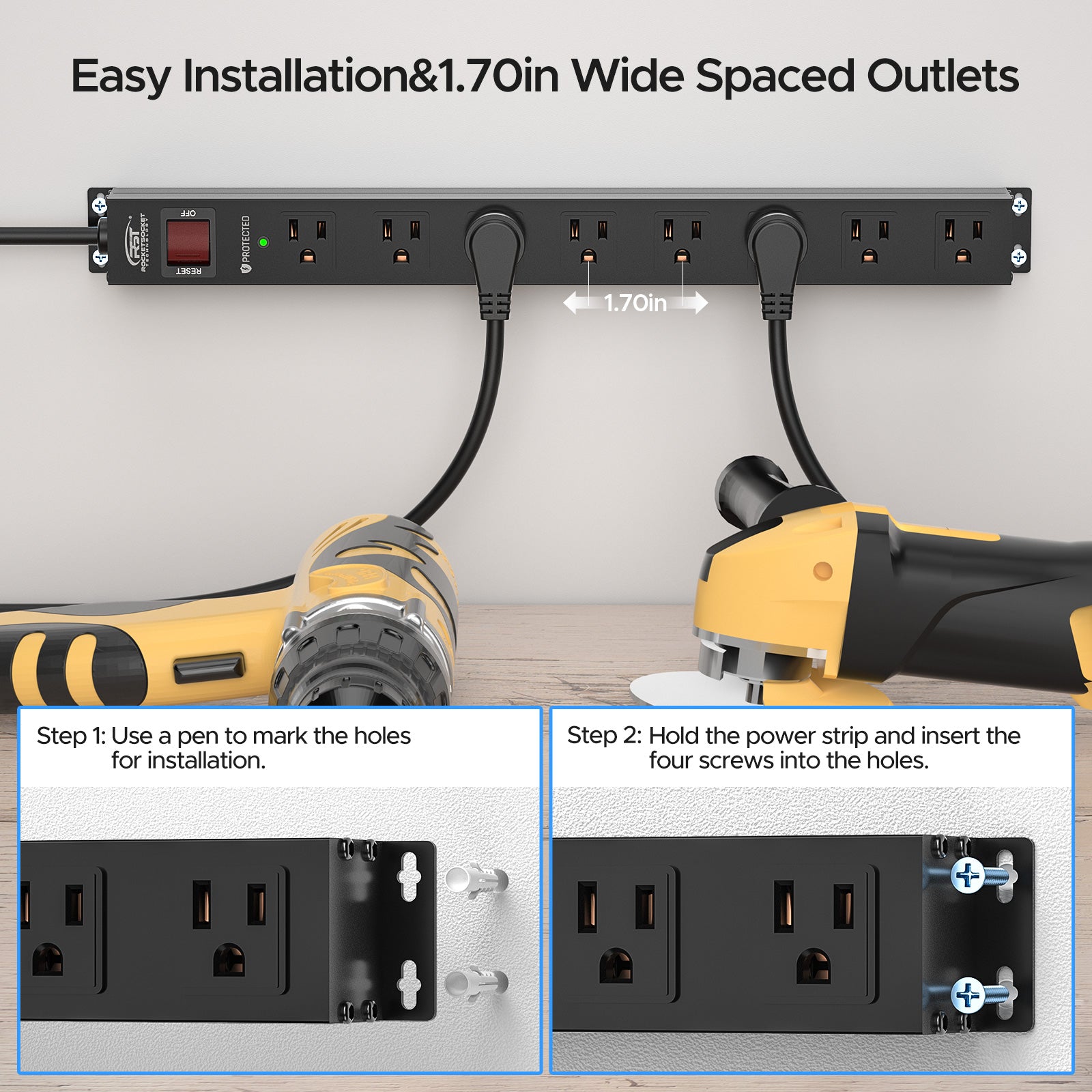 CRST 8 Outlets Mountable Metal Power Strip Surge Protector, 6FT Flat Plug, 2100 Joules, Wide Spaced