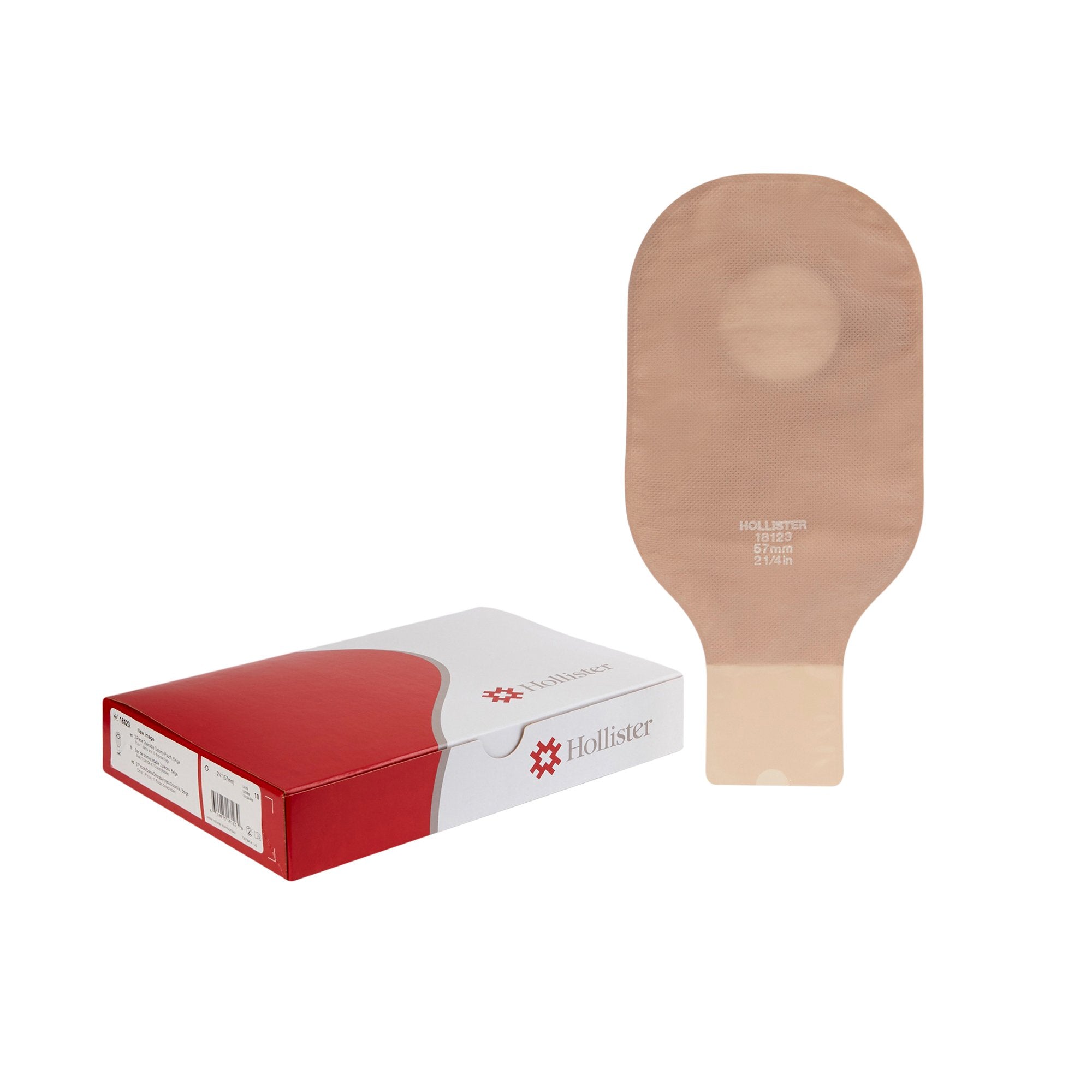 New Image™ 18123 2-Piece Beige Colostomy Pouch, Pre-cut to Fit 57mm Stomas, Red 18123