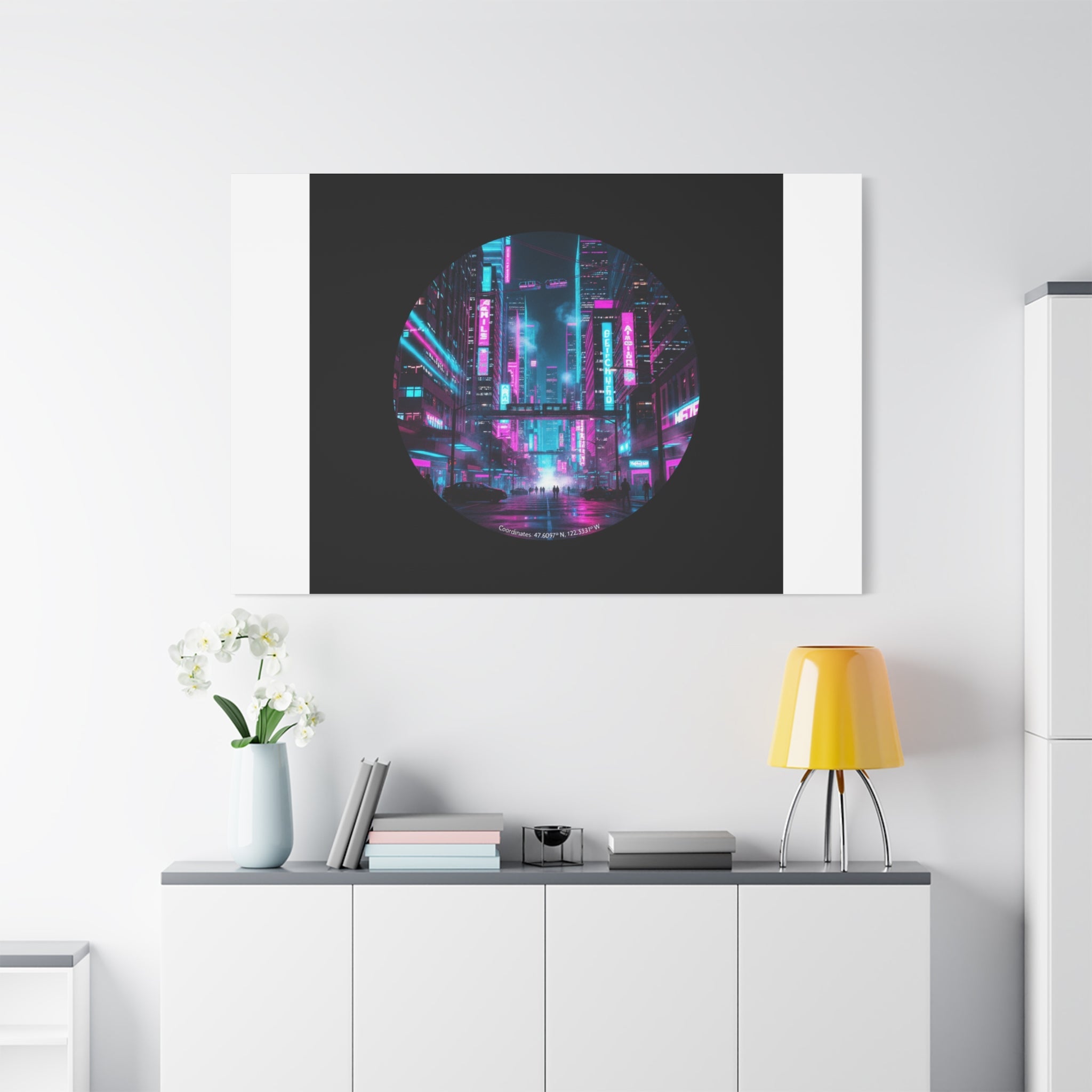 Neon Cyberpunk Cityscape Canvas | synthwave skyline, future city art