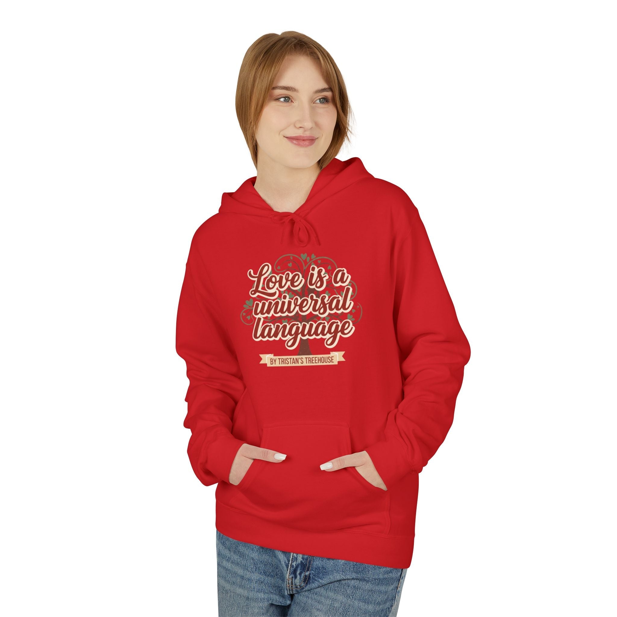 Hoodie — “Love is a Universal Language” Cozy Retro Cabin Graphic Hoodie