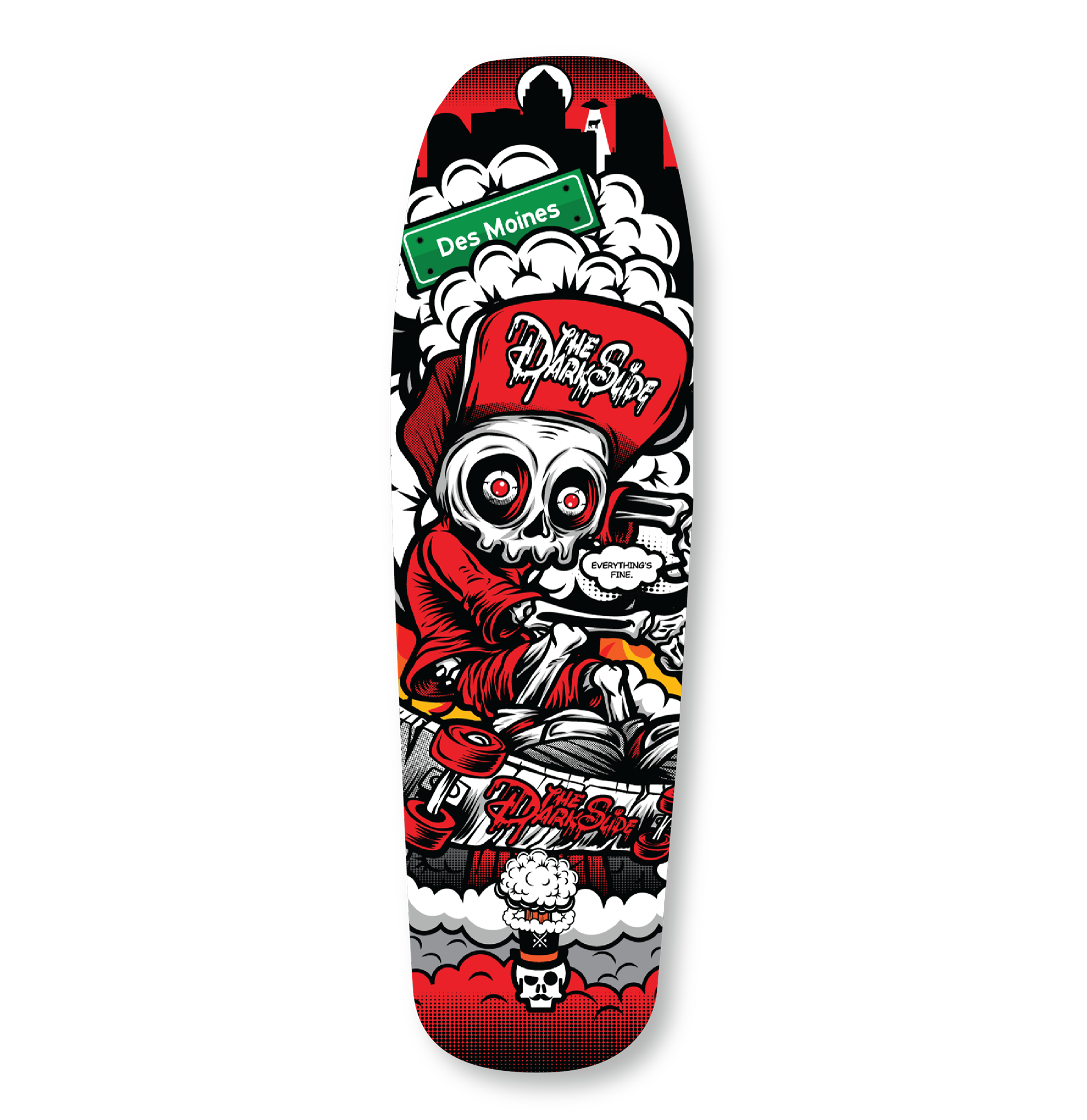 The Dark Slide x Skullduggery "Everything's Fine" Shaped 9" Skateboard Deck