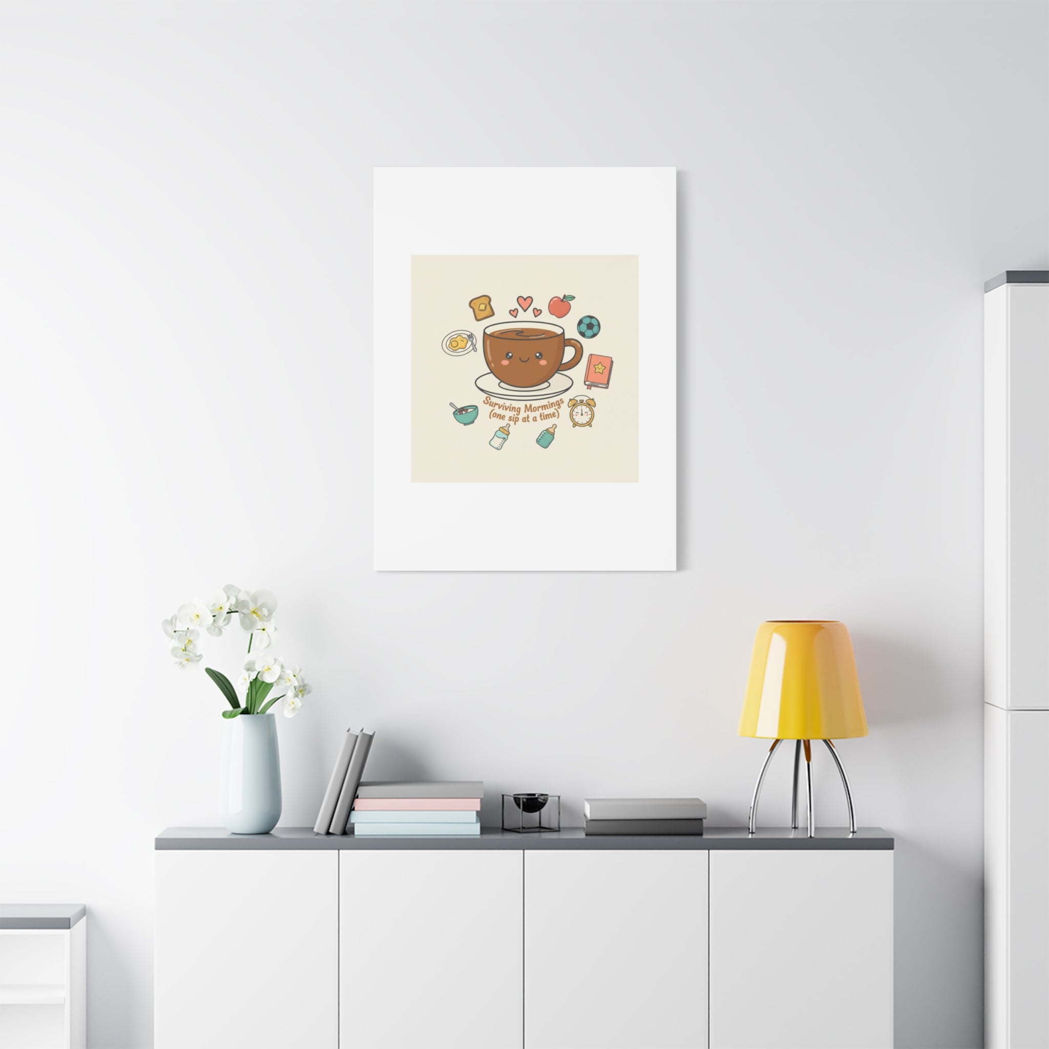 Surviving Mornings (One Sip at a Time) Canvas | Parenting Morning Humor, Coffee & Kids