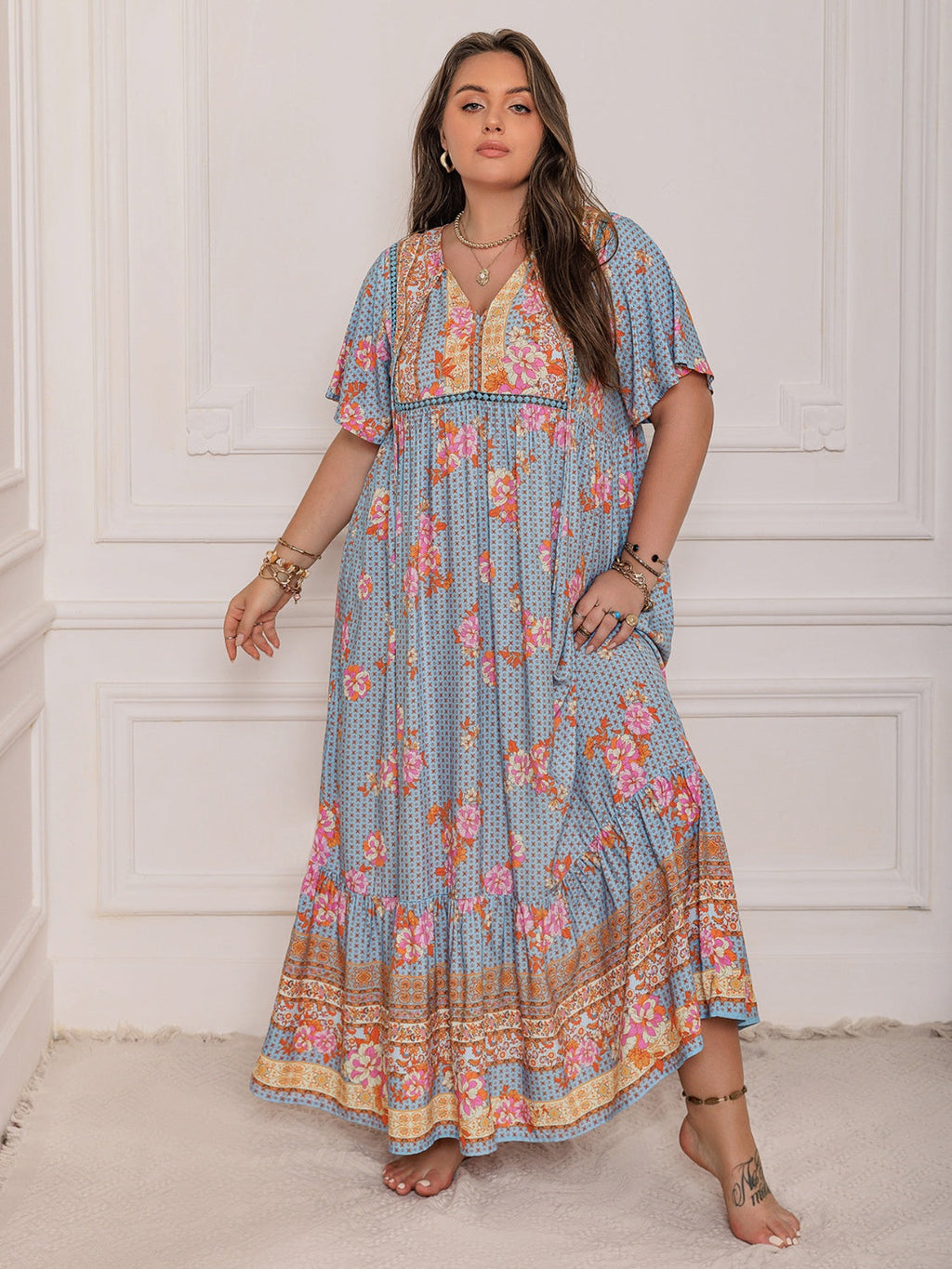 Pink Purple Plus Size Printed Flutter Sleeve Maxi Dress Elegant & Flowy Dress Unique Design