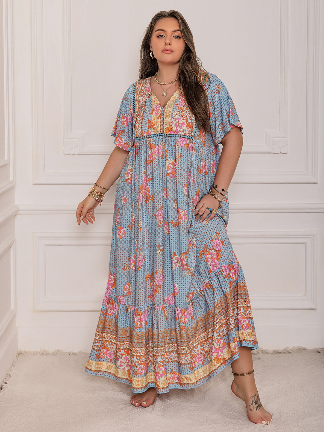 Pink Purple Plus Size Printed Flutter Sleeve Maxi Dress Elegant & Flowy Dress Unique Design