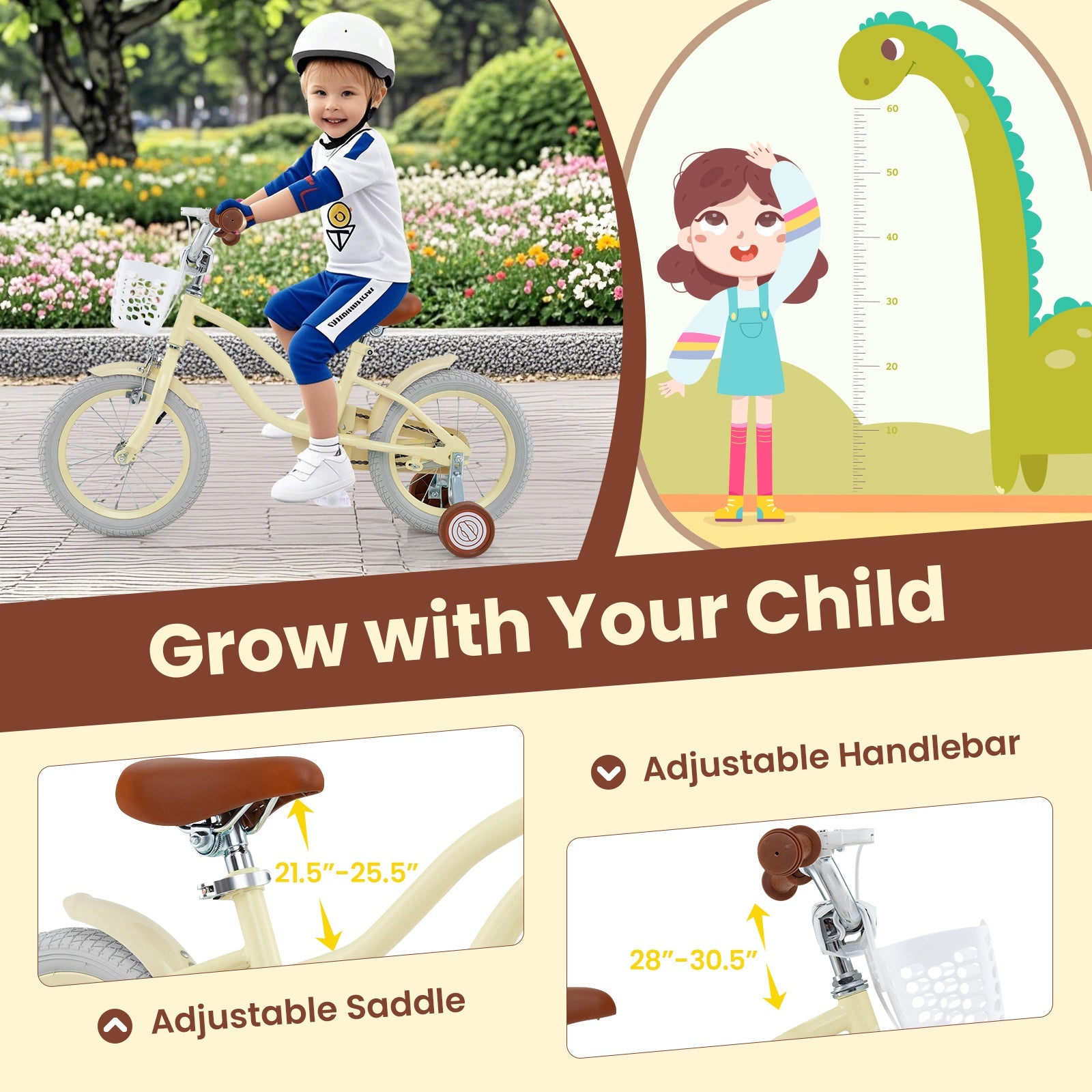 14/16/18 Inch Kids Bike Adjustable with Training Wheels Ages 3-8 Years Olds-16 inches