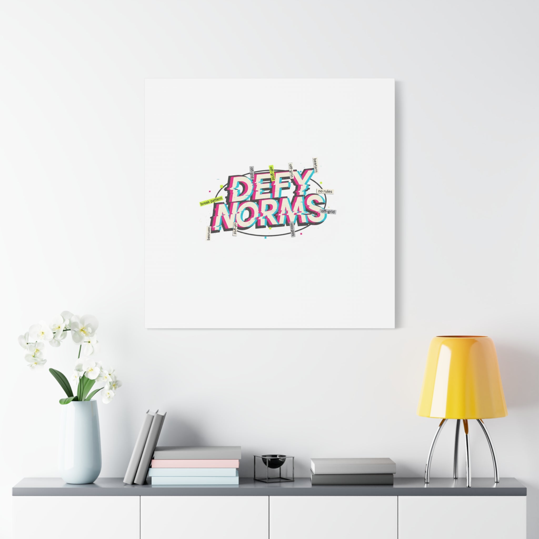 Defy Norms Canvas, Anti-Aesthetic Glitch Typography, Brutalist Poster Style