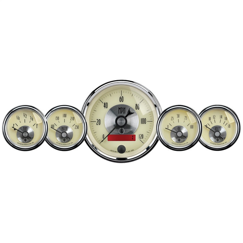 AutoMeter Gauge Kit 5 Pc. 3-3/8in. & 2-1/16in. Elec. Speedo W/Lcd Odo Prestige Antq. Ivory 2000